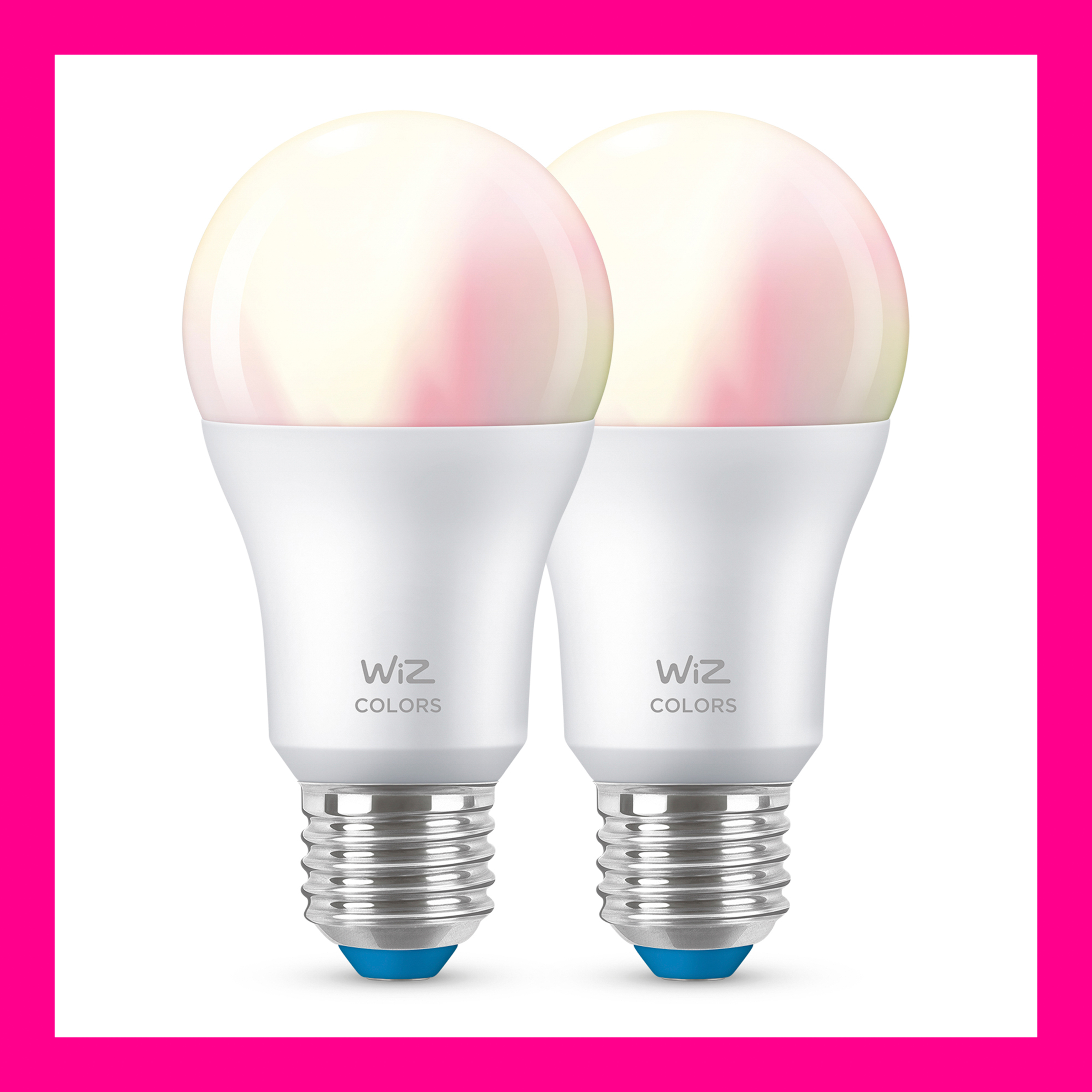 Deux ampoules Wiz Colors blanches avec dégradé rose et jaune, sur bord rose.