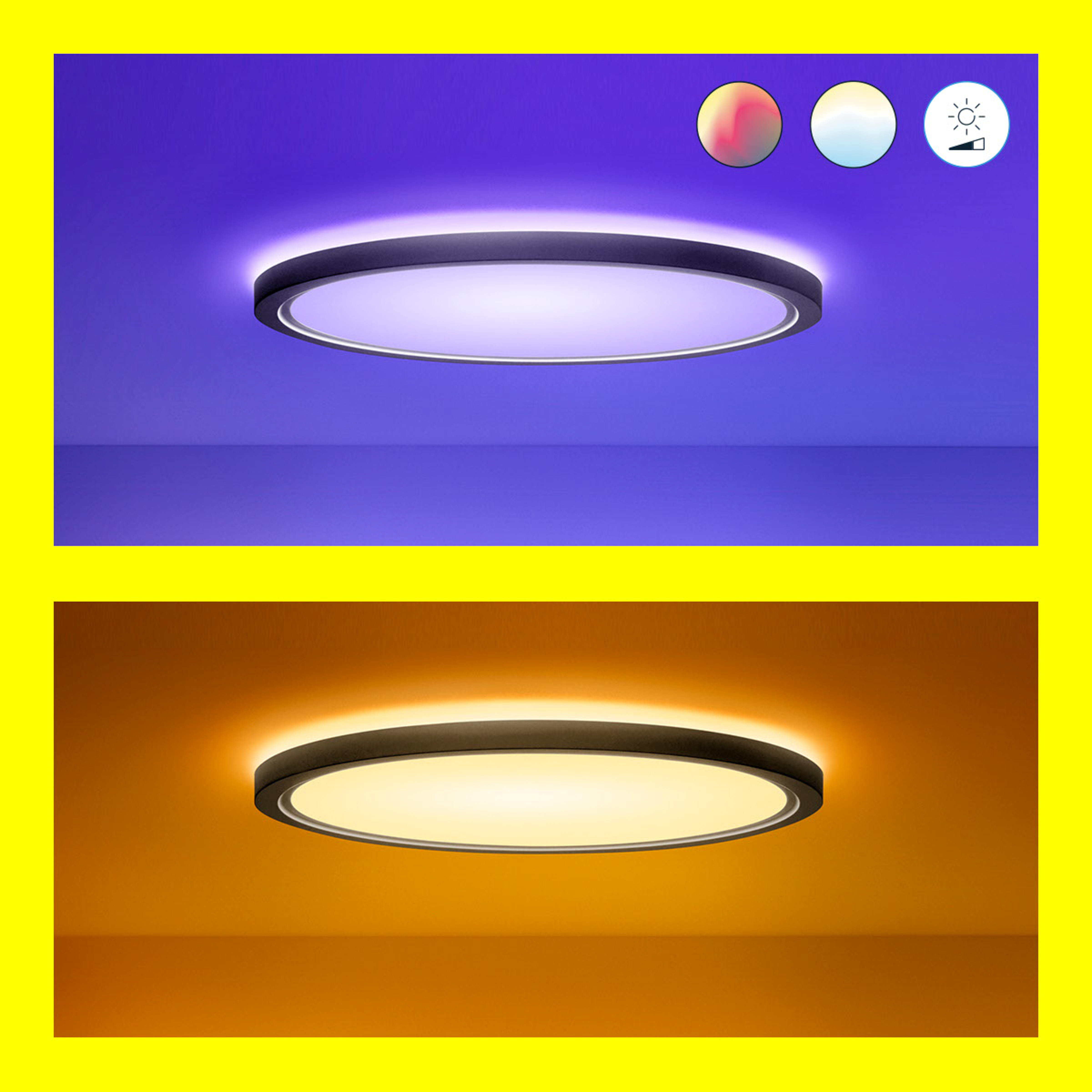 Twee afbeeldingen van een ronde LED plafondlamp. Eén is blauw, de andere is oranje, met kleur aanpassings iconen.