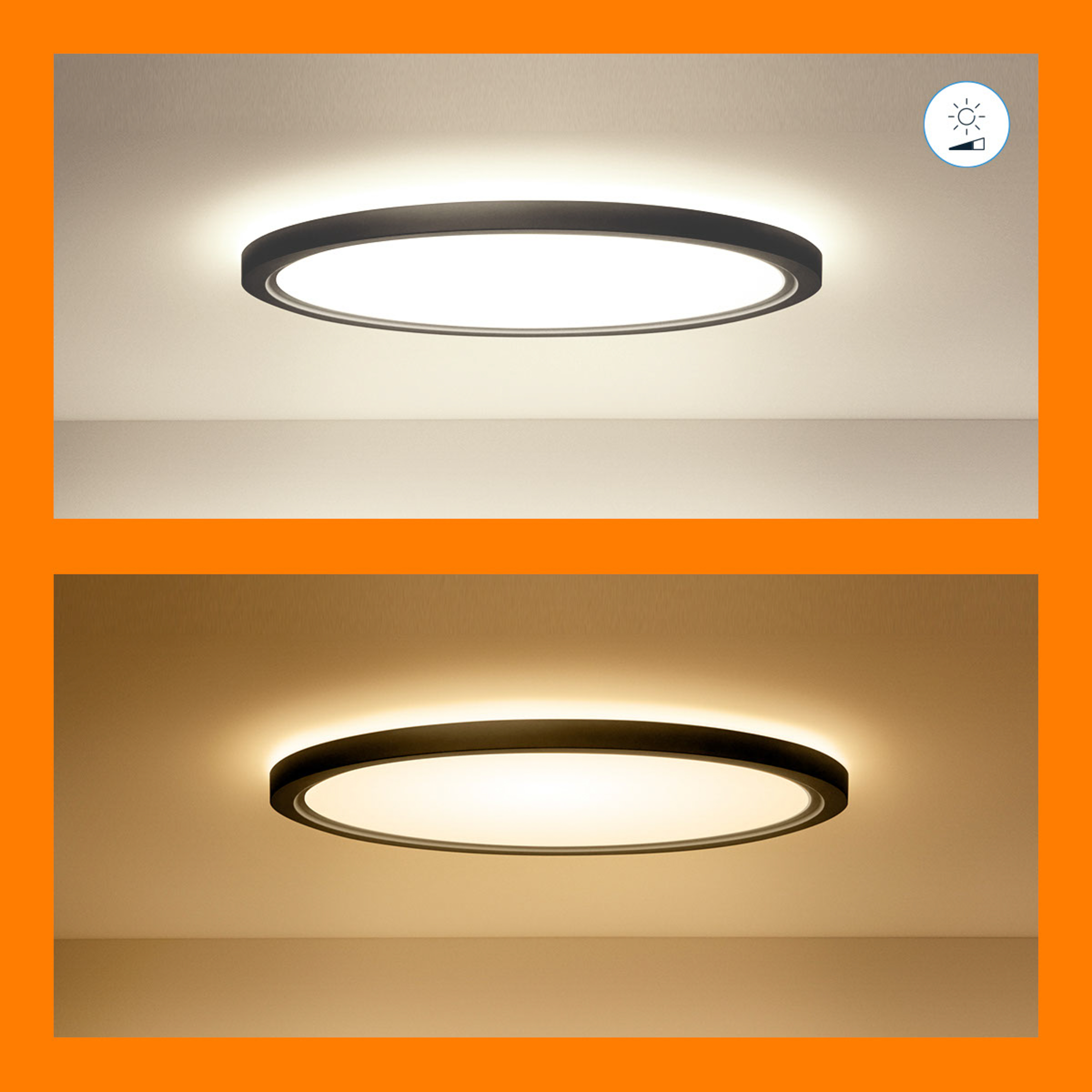 Twee afbeeldingen van een cirkelvormige plafondlamp. De bovenste afbeelding is verlicht en de onderste gedimd.