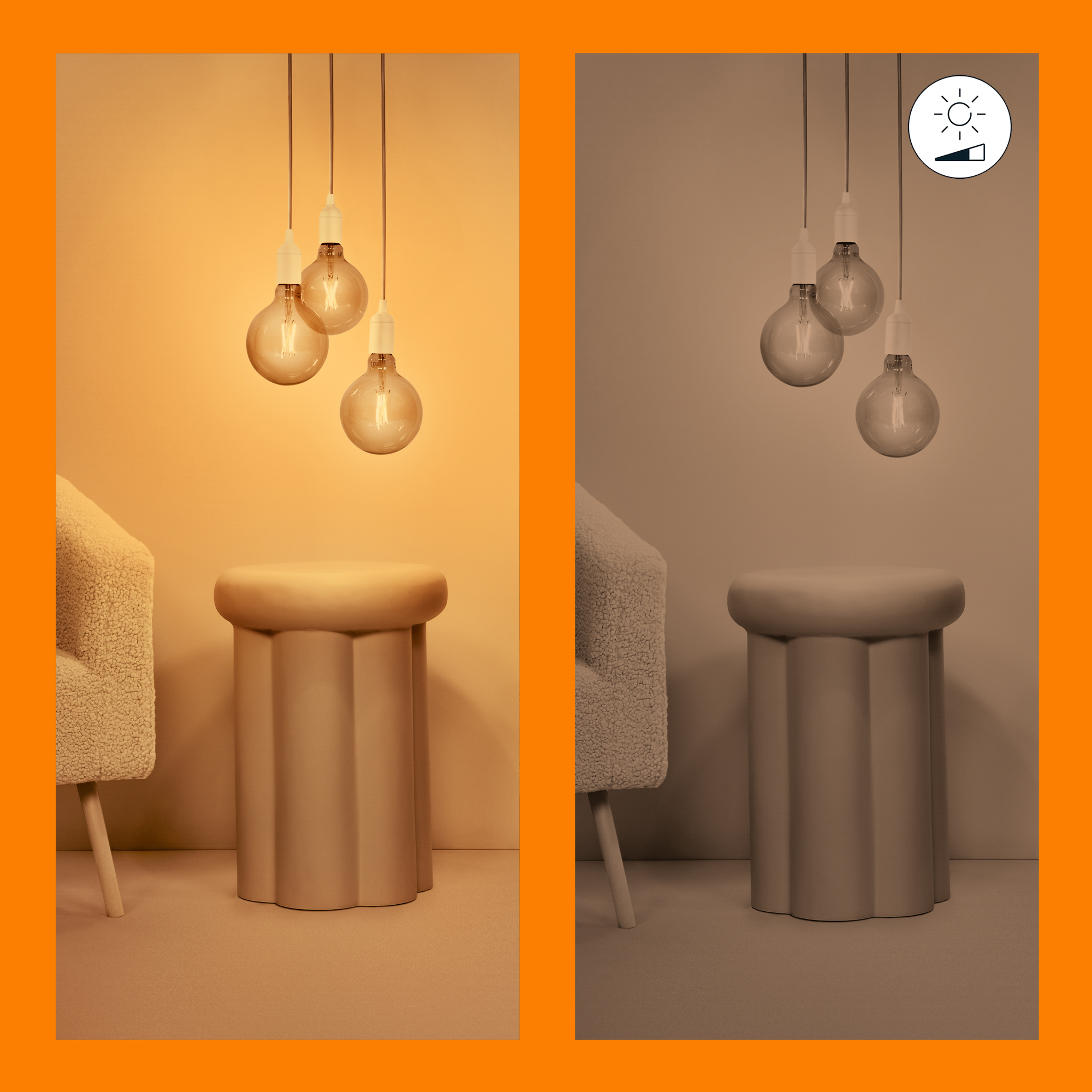Dwa obrazy obok siebie. Po lewej ciepły żółty, po prawej szary. Oba pokazują lampy, stołek i krzesło.