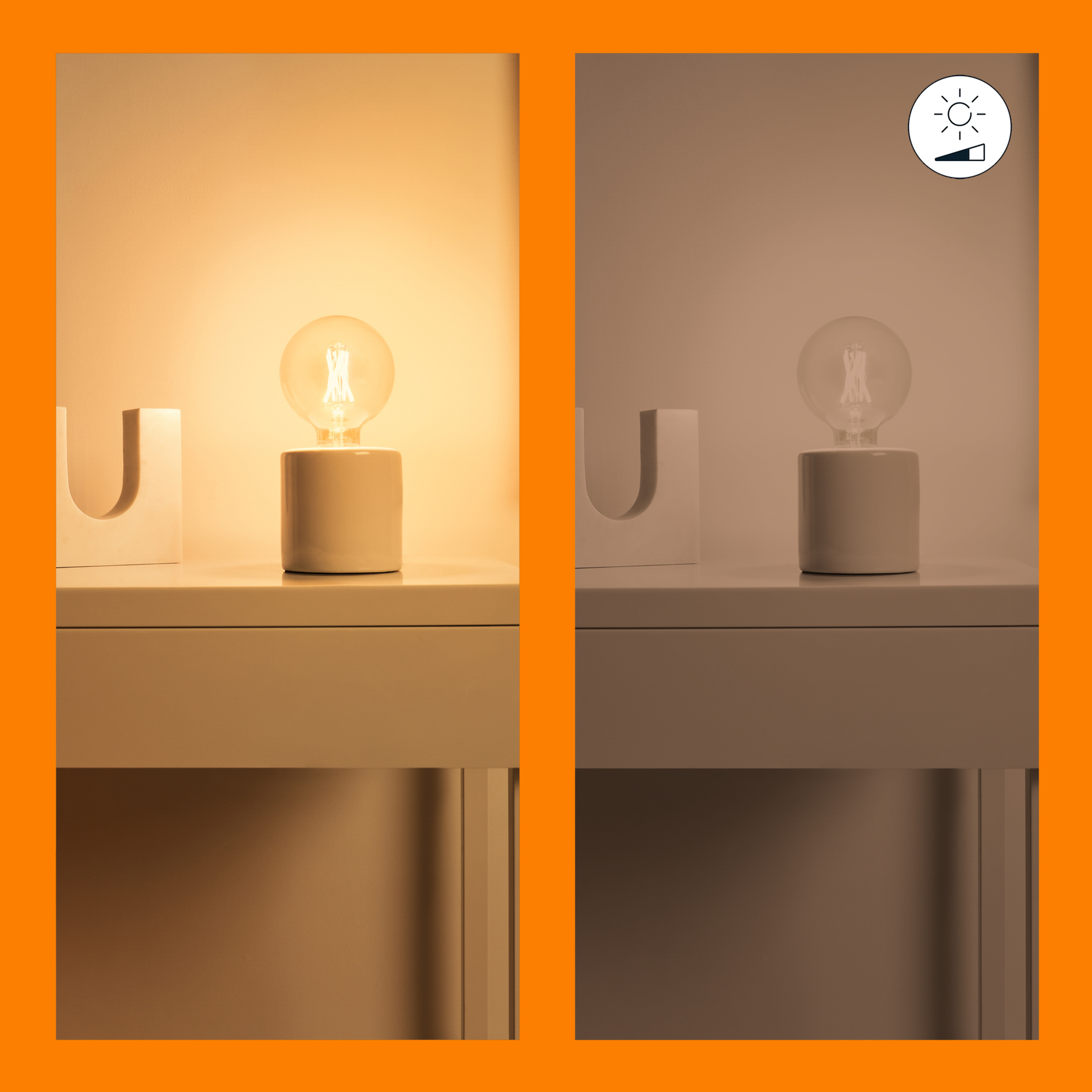 Dwa obrazy przedstawiające lampę z żarówką. Lewy obraz jest jasny, prawy ciemniejszy. Pomarańczowa obwódka.