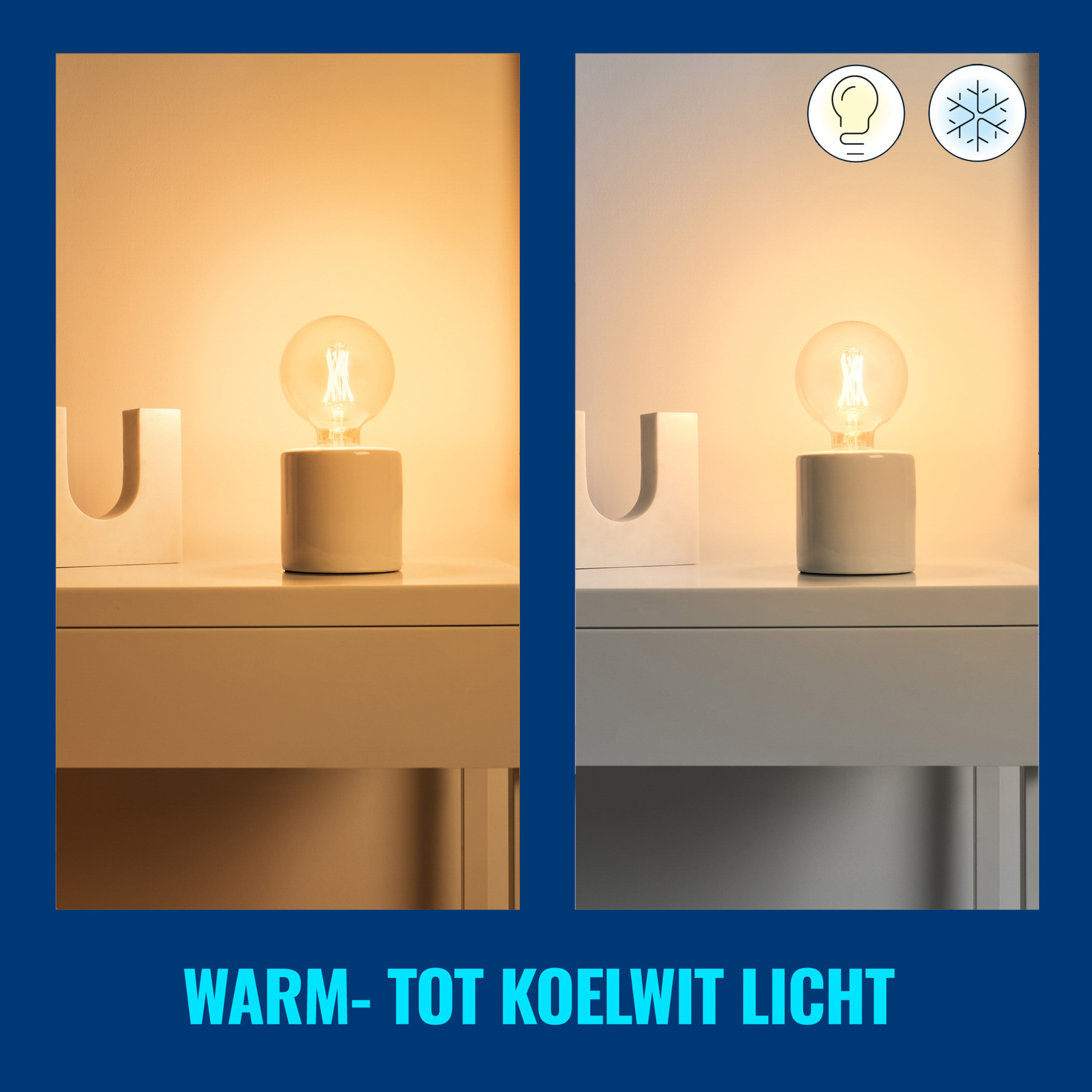 Dwa obrazy żarówki na białym stole. Jeden jest ciepły, drugi zimny.