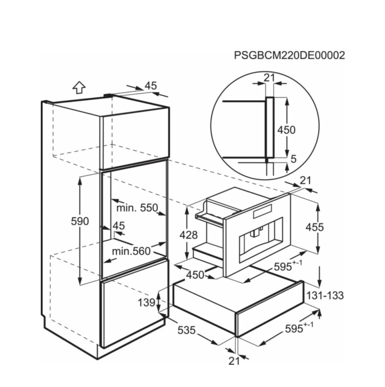Un dibujo técnico de un frigorífico empotrado con dimensiones y llamadas.