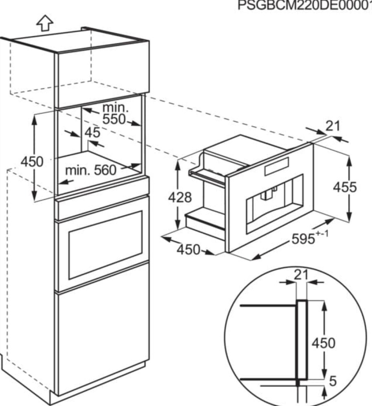 Un dibujo técnico de un horno empotrado y una cafetera con dimensiones y etiquetas.