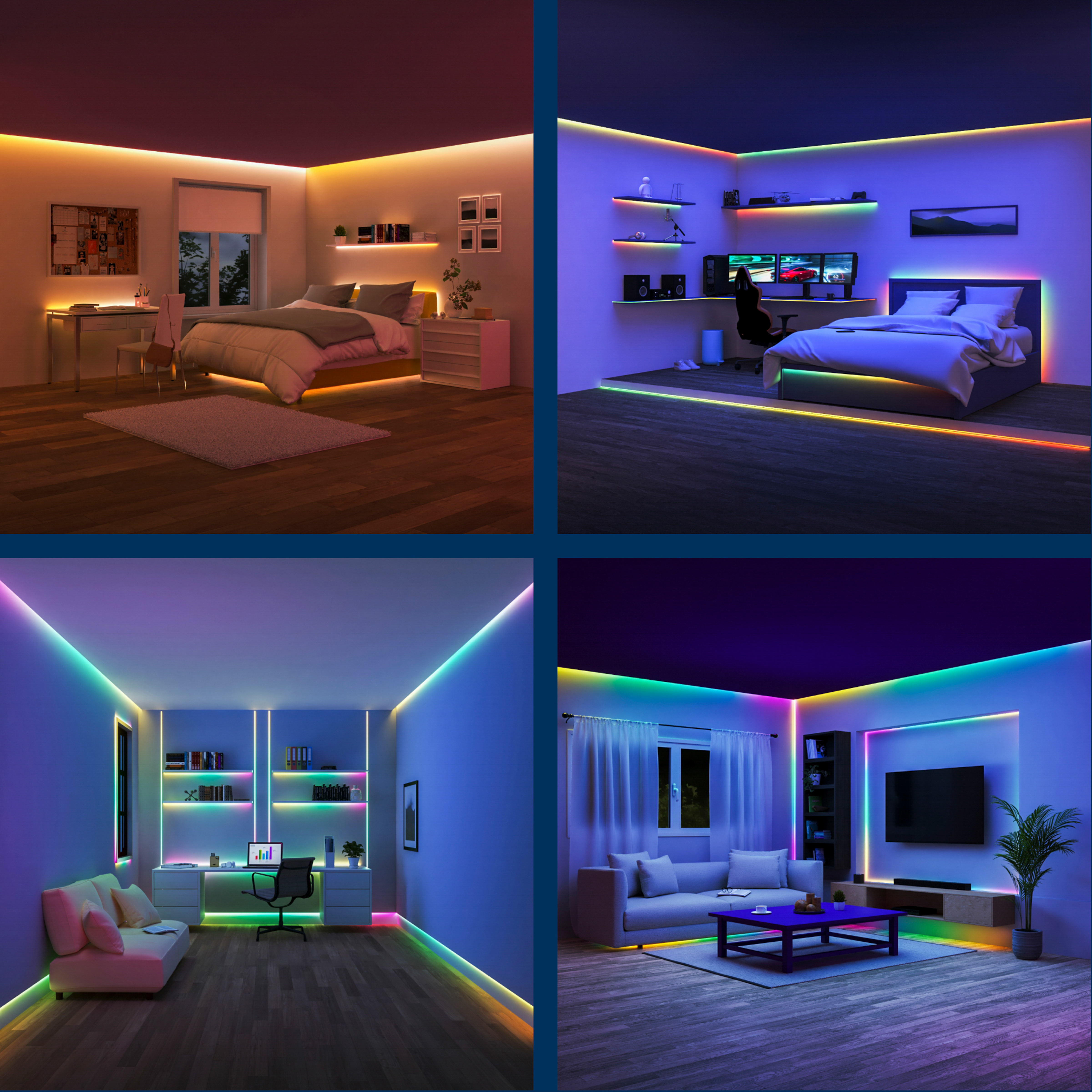 Quattro stanze con strisce LED multicolore, creando illuminazione ambientale.