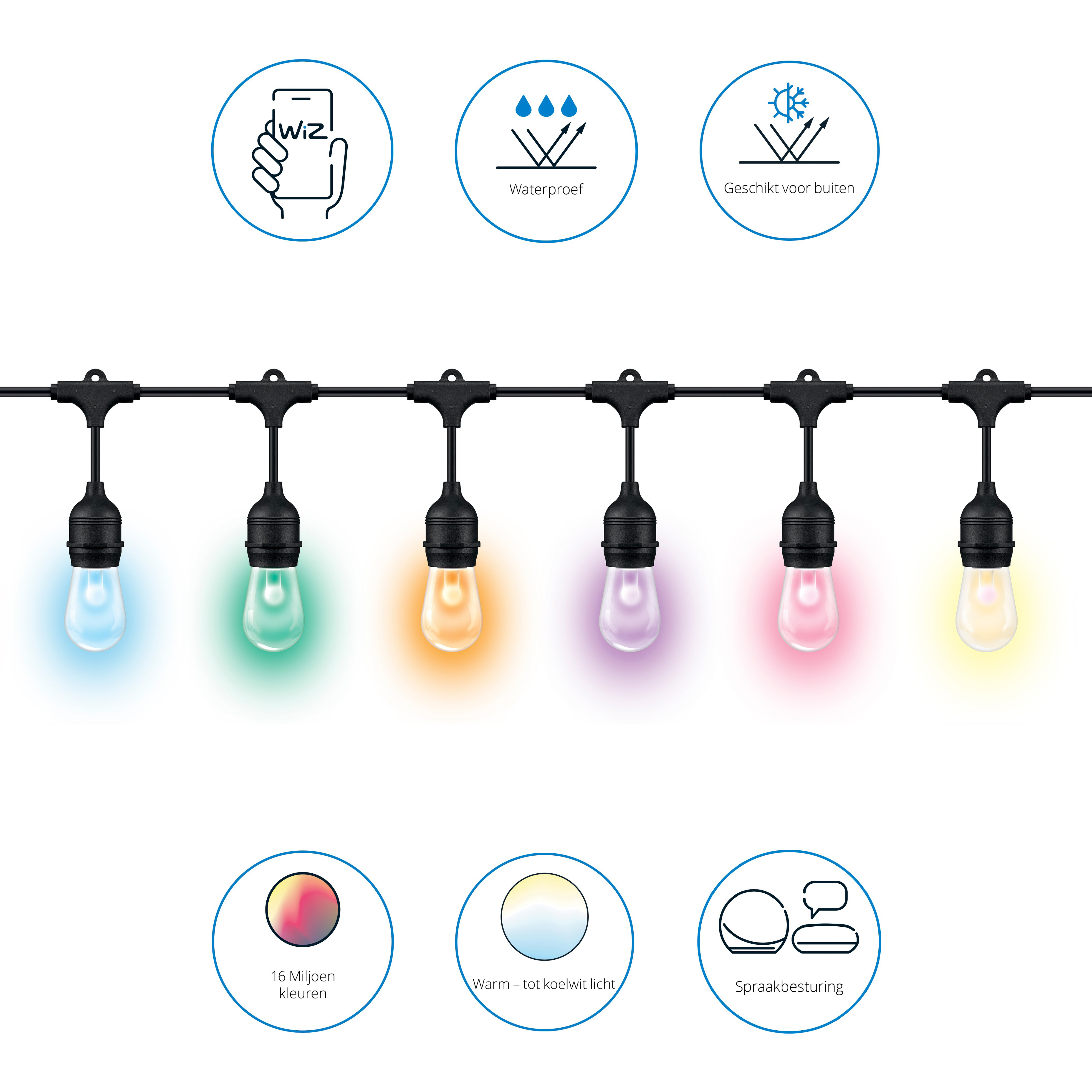 Lichterkette mit bunten Glühbirnen. Symbole für WLAN, Wasserdichtigkeit und Außenbereich sind vorhanden.