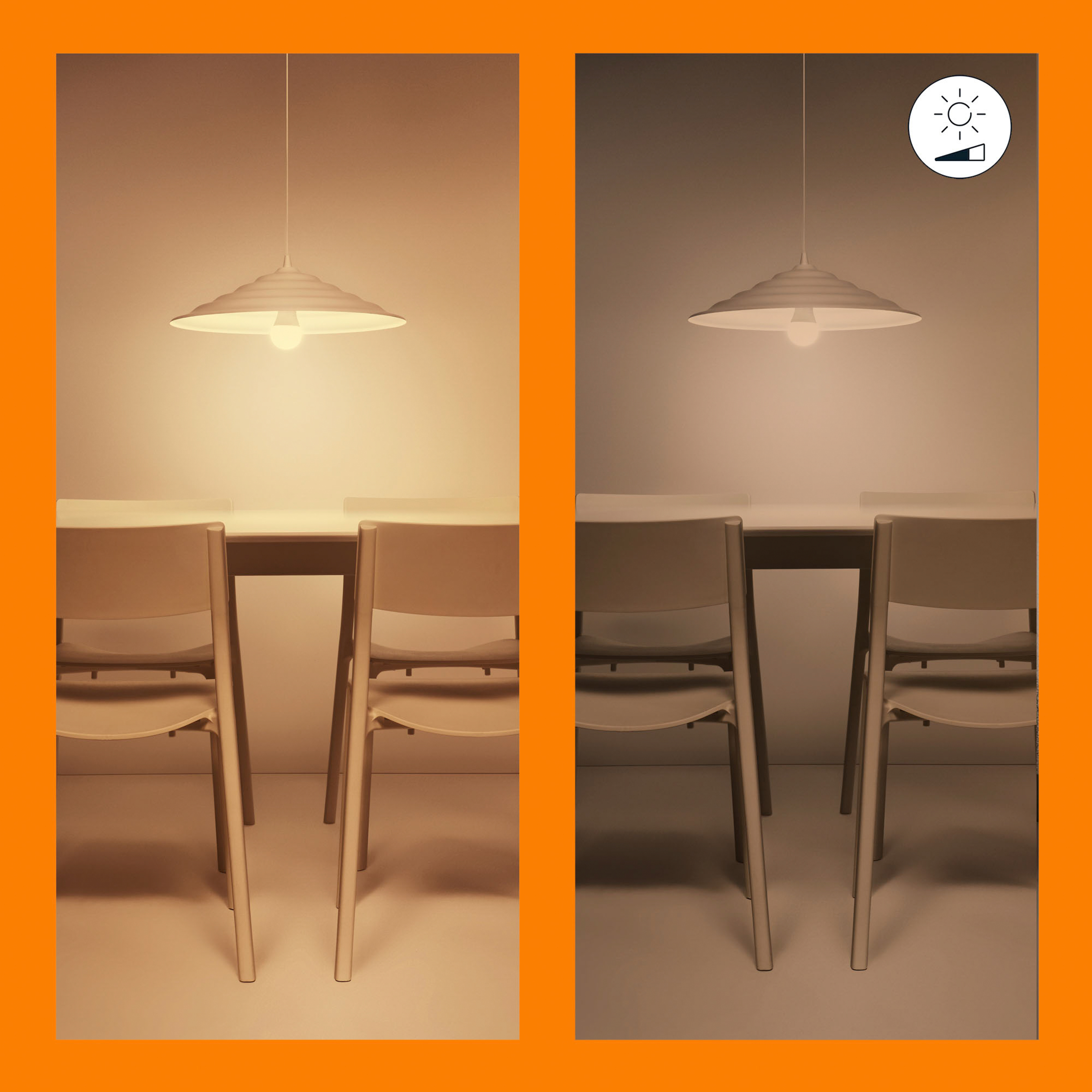 Twee afbeeldingen tonen een lamp met een witte kap boven een tafel. De tweede toont de lichtdimmer geactiveerd.