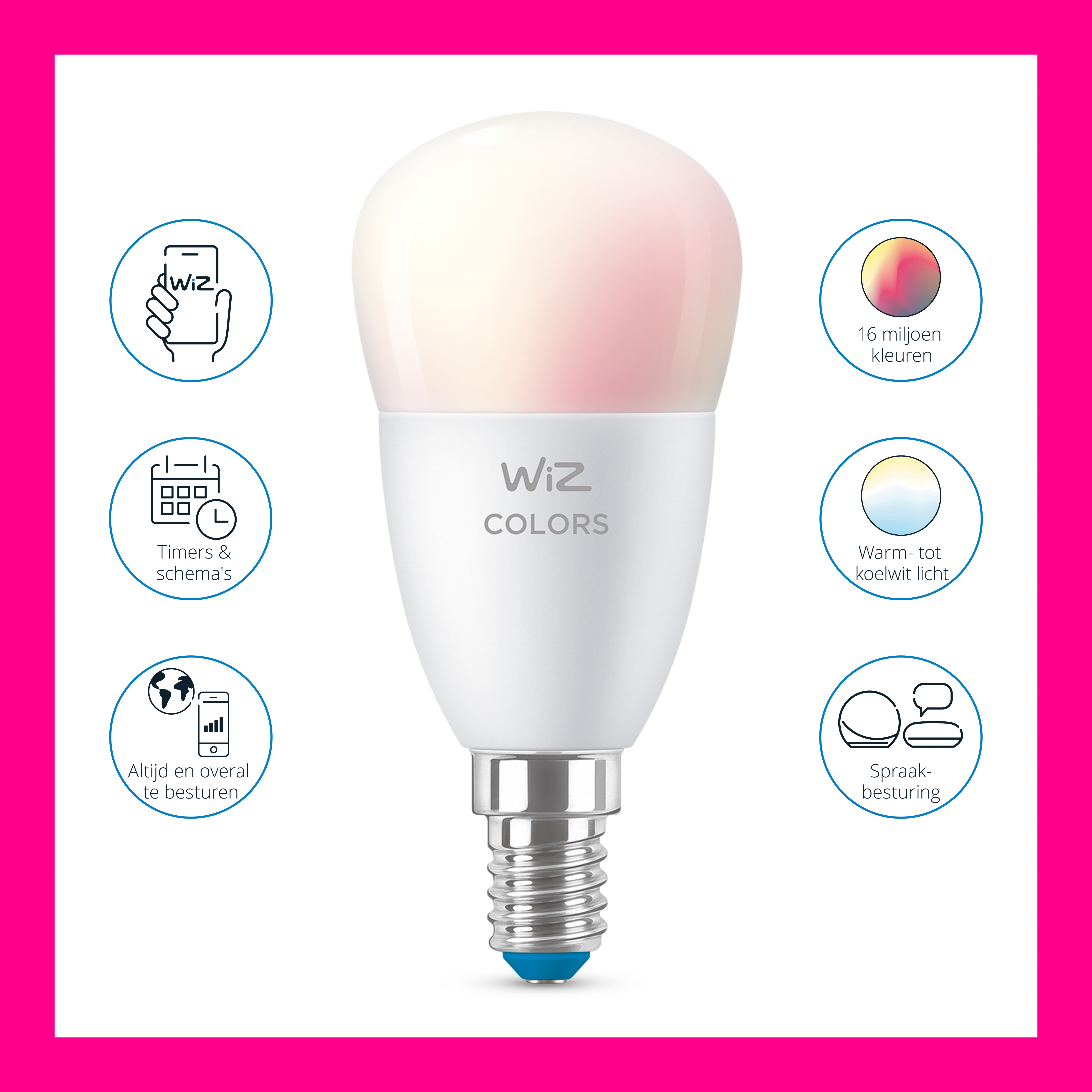 Biała żarówka WiZ z kolorowym światłem i ikonami pokazującymi funkcje, takie jak sterowanie głosem.