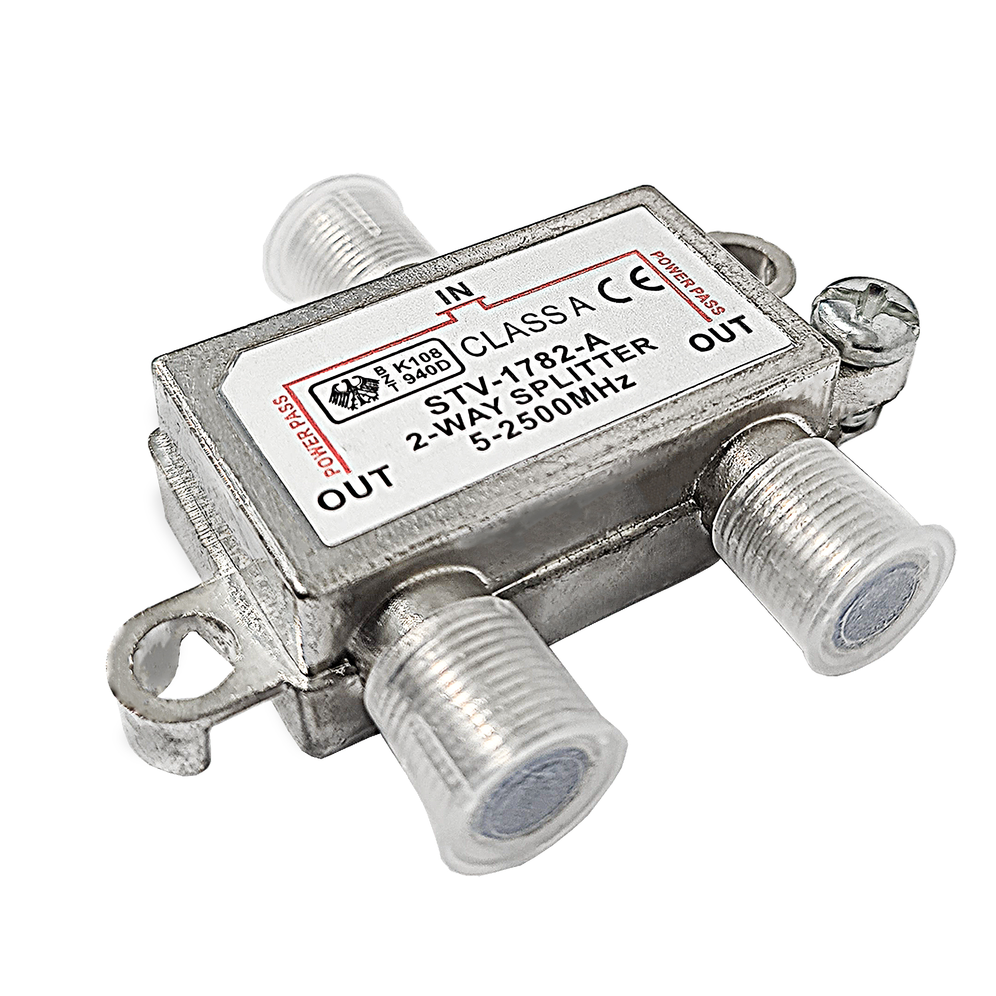 Silberner 2-Wege-Splitter mit drei Anschlüssen, beschriftet mit 'IN' und 'OUT'.