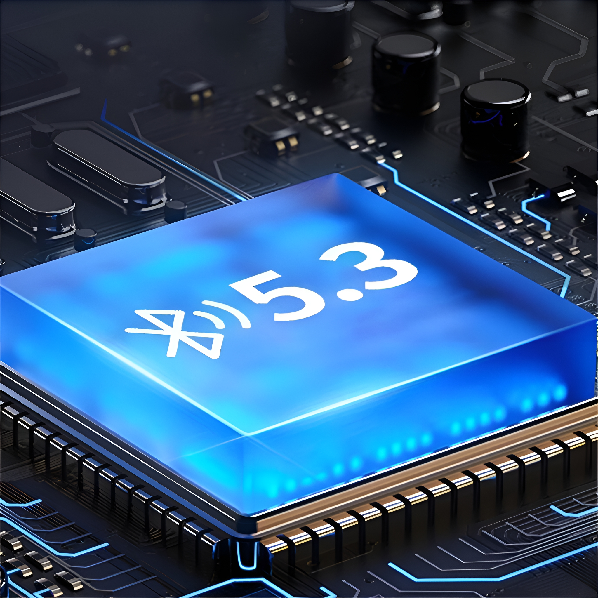 Blauer Chip mit Bluetooth 5.3 Logo auf einer dunklen Leiterplatte. Mikrochips sind sichtbar.