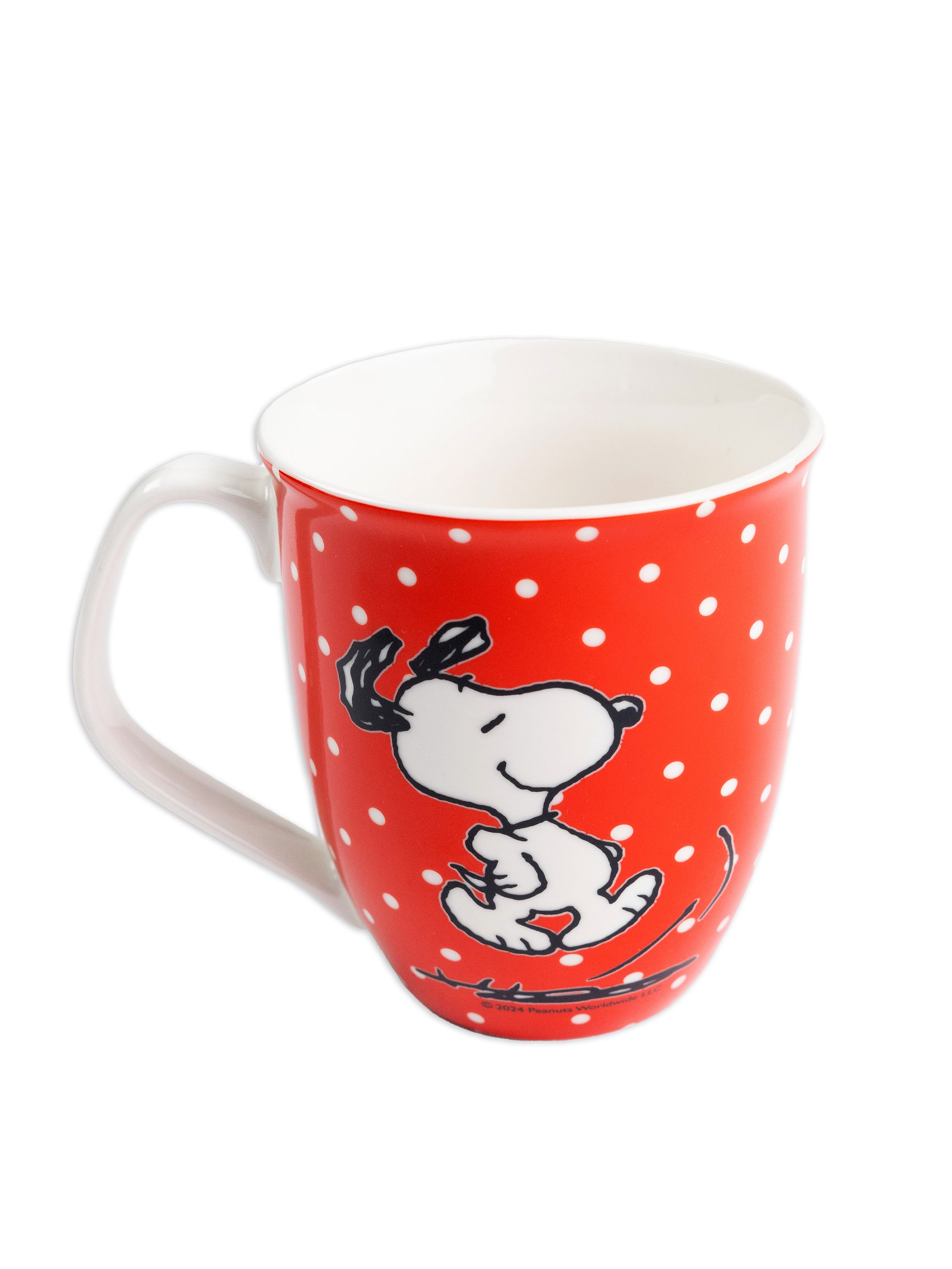 Roter Snoopy-Becher mit weißen Punkten. Snoopy ist auf der Tasse abgebildet.