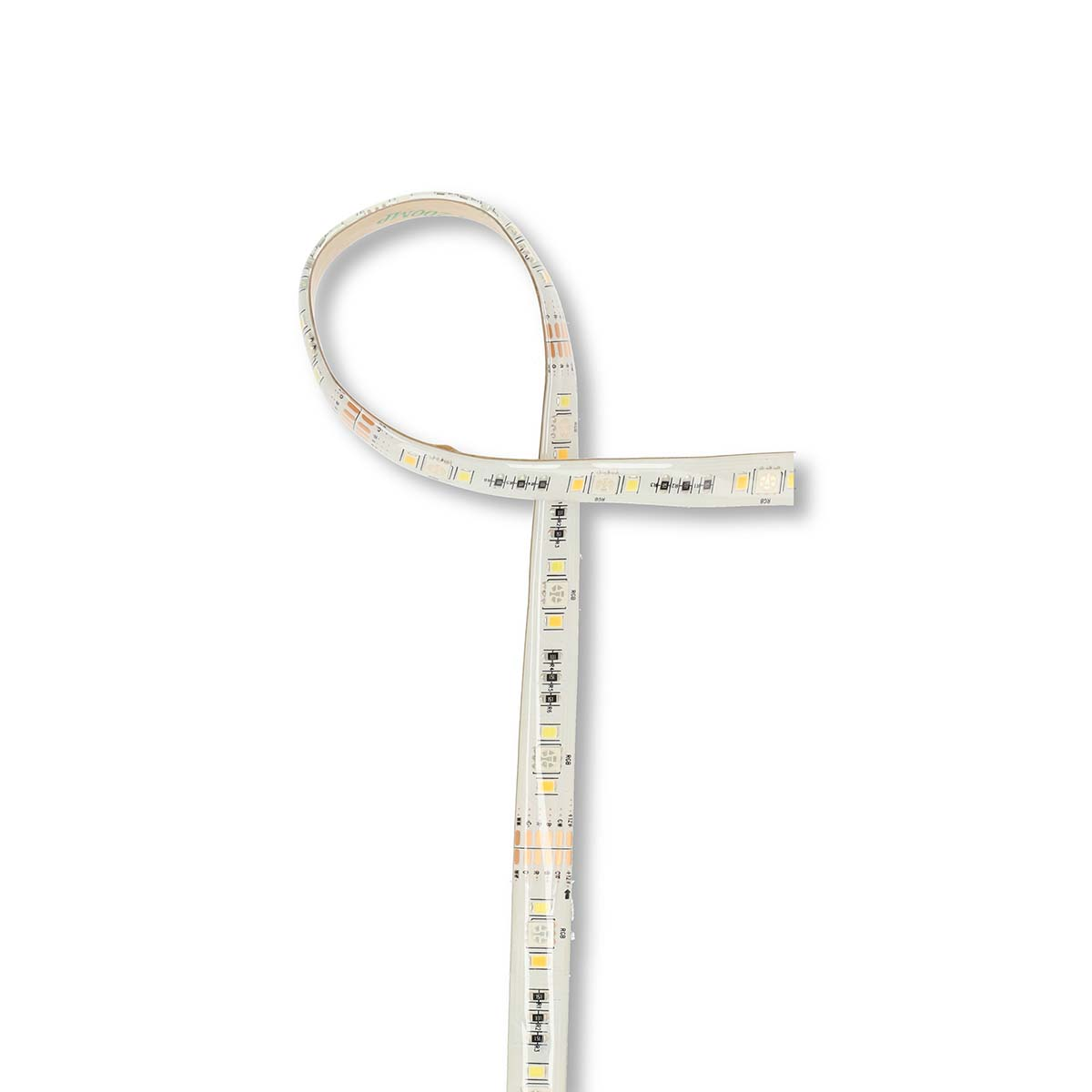 A flexible LED strip is shown on a white background. The strip is bent to make a U shape.