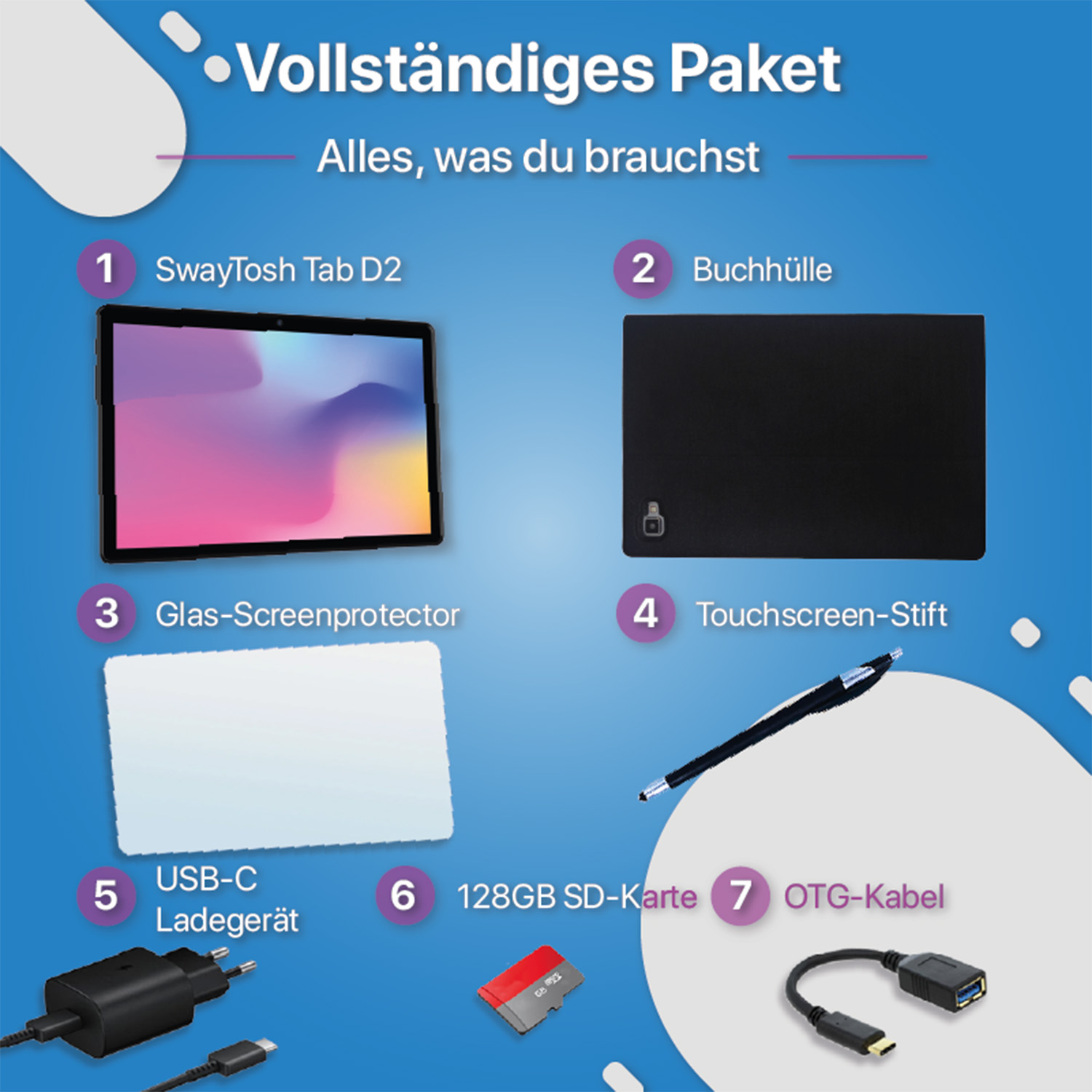 Ein Tablet, eine Hülle, ein Displayschutz, ein Stift, ein Ladegerät, eine SD-Karte und ein OTG-Kabel werden angezeigt.