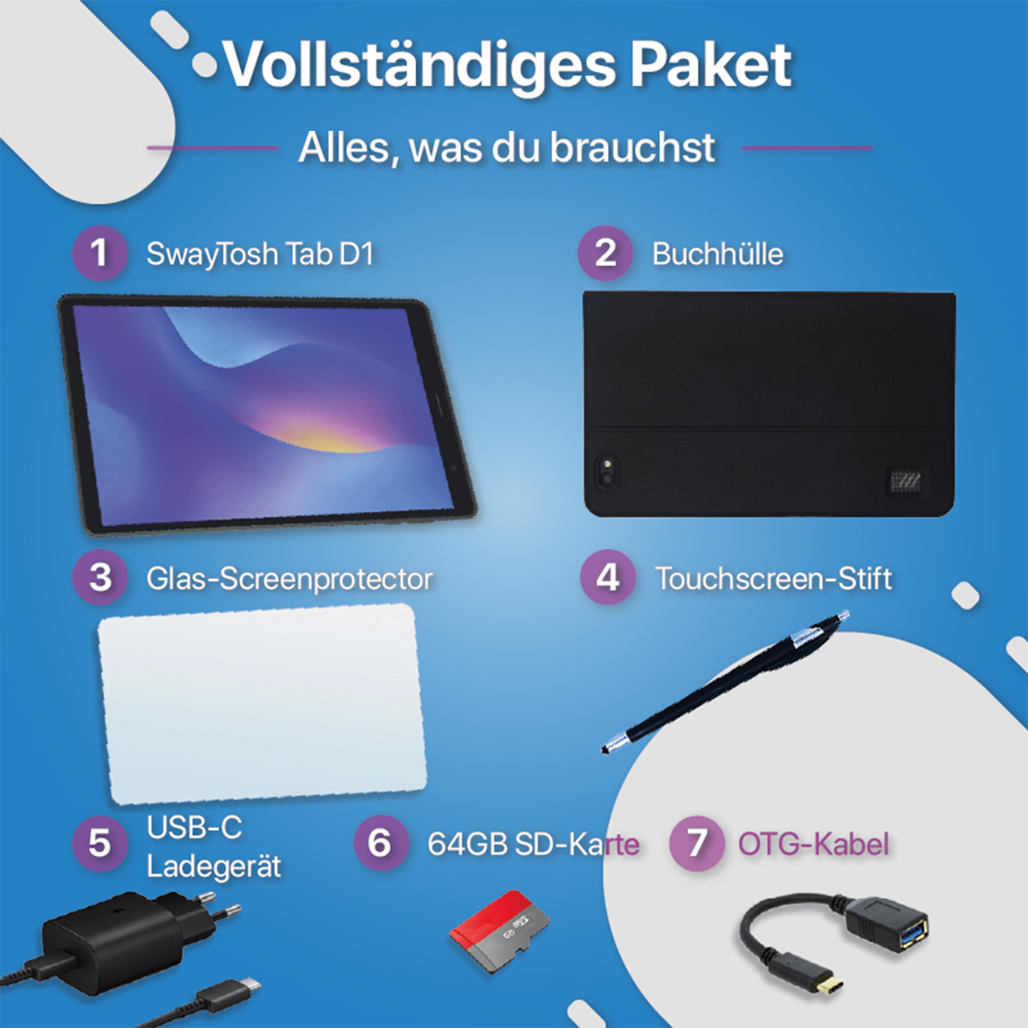 Tablet, Hülle, Displayschutz, Stift, Ladegerät, SD-Karte und OTG-Kabel. Weiß.