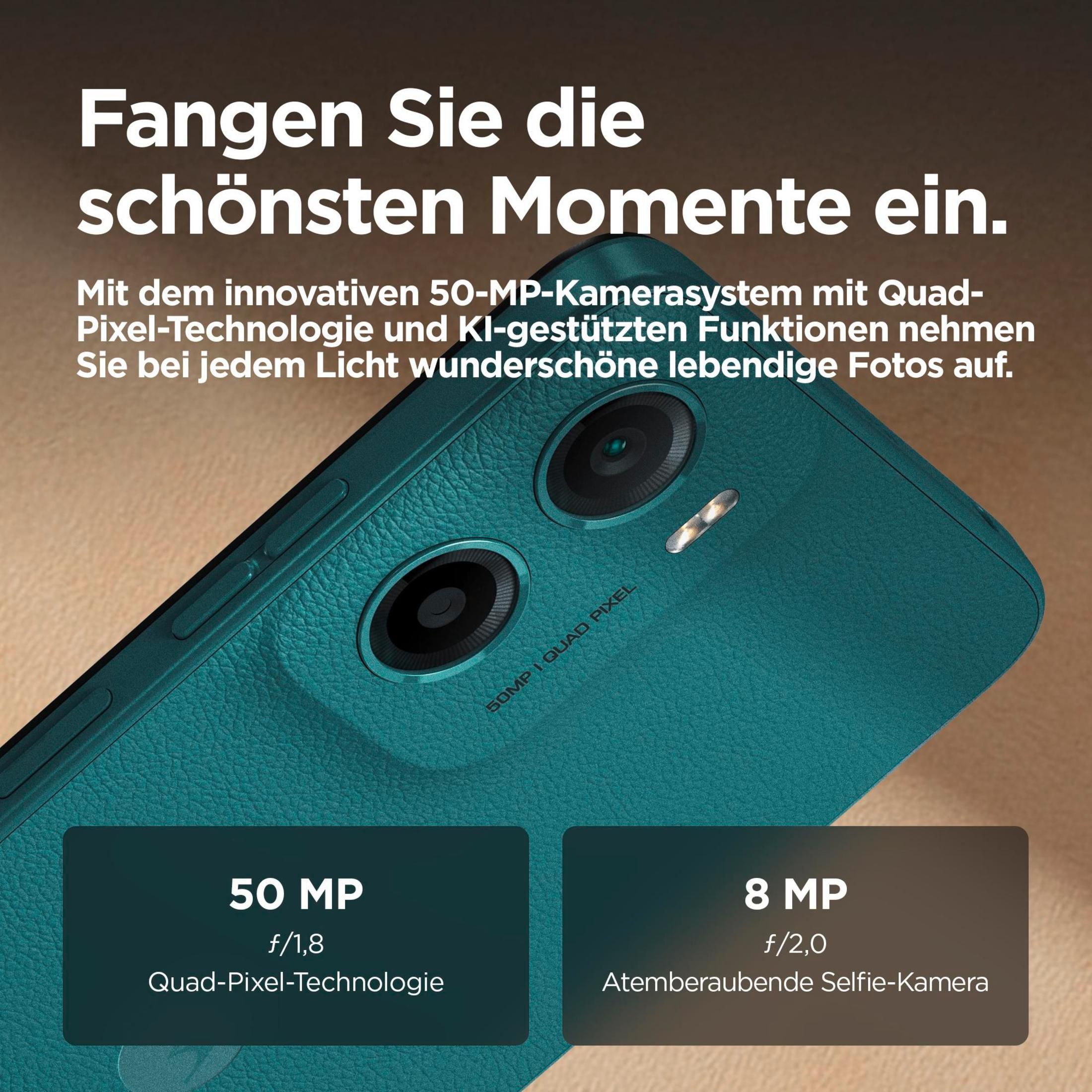 Nahaufnahme eines türkisfarbenen Smartphones mit Kameradetails und Text. Enthält Informationen zur Kamera.