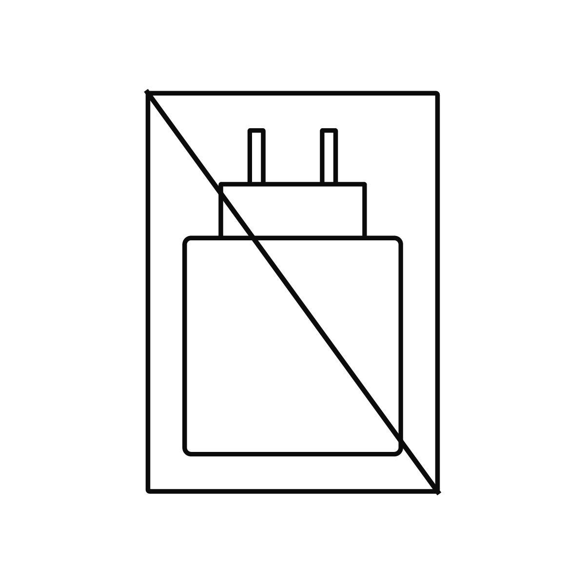 Ładowarka z przekreślonym symbolem, wewnątrz prostokąta.