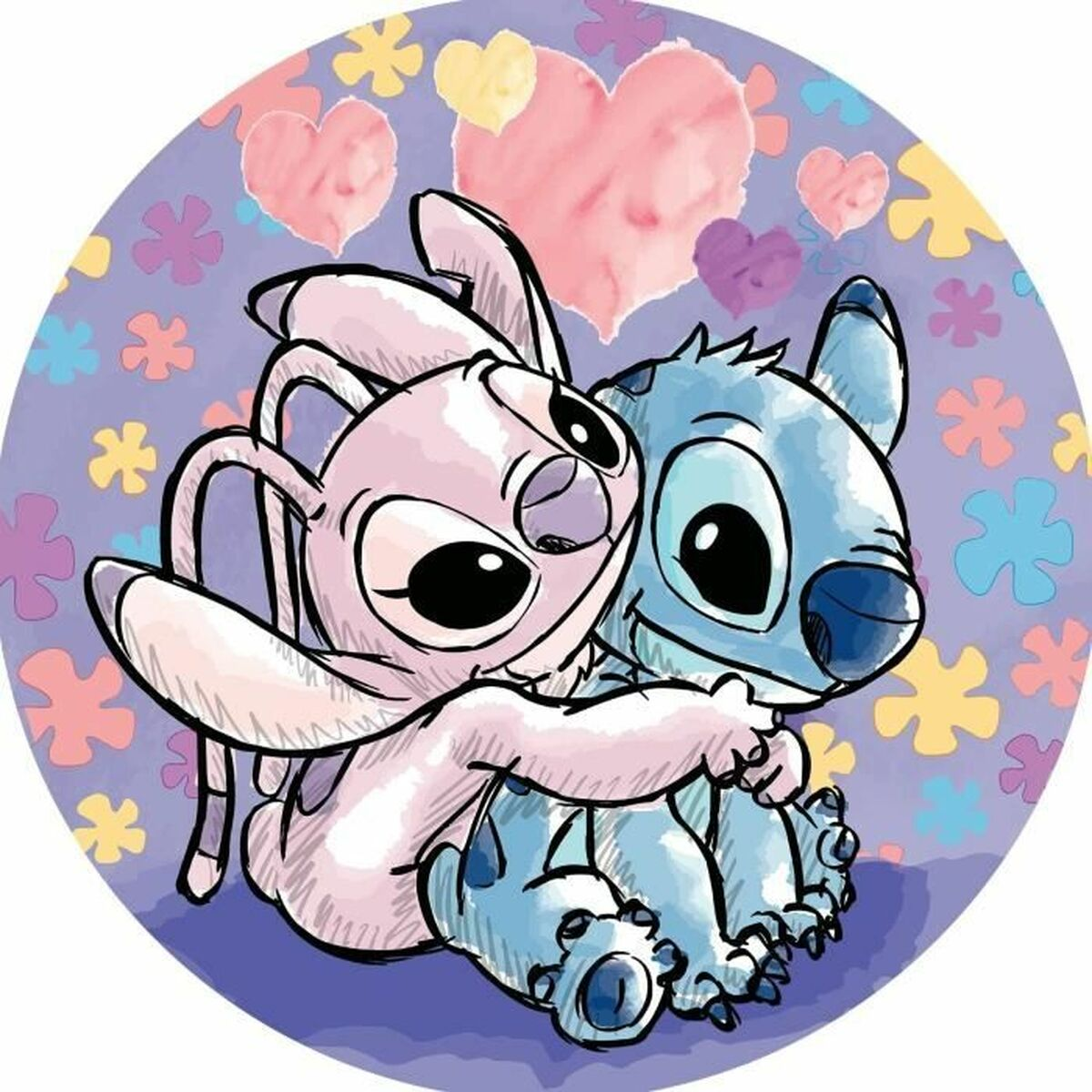 Stitch i Angel przytulający się, na fioletowym tle z sercami i kwiatami.