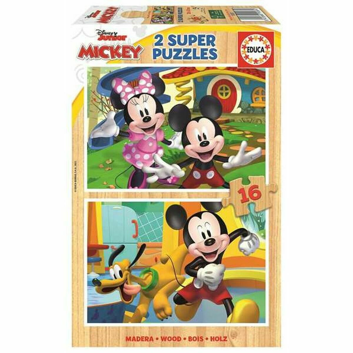 Scatola puzzle di Topolino con Topolino e Minnie sulla parte anteriore. Sfondo bianco.
