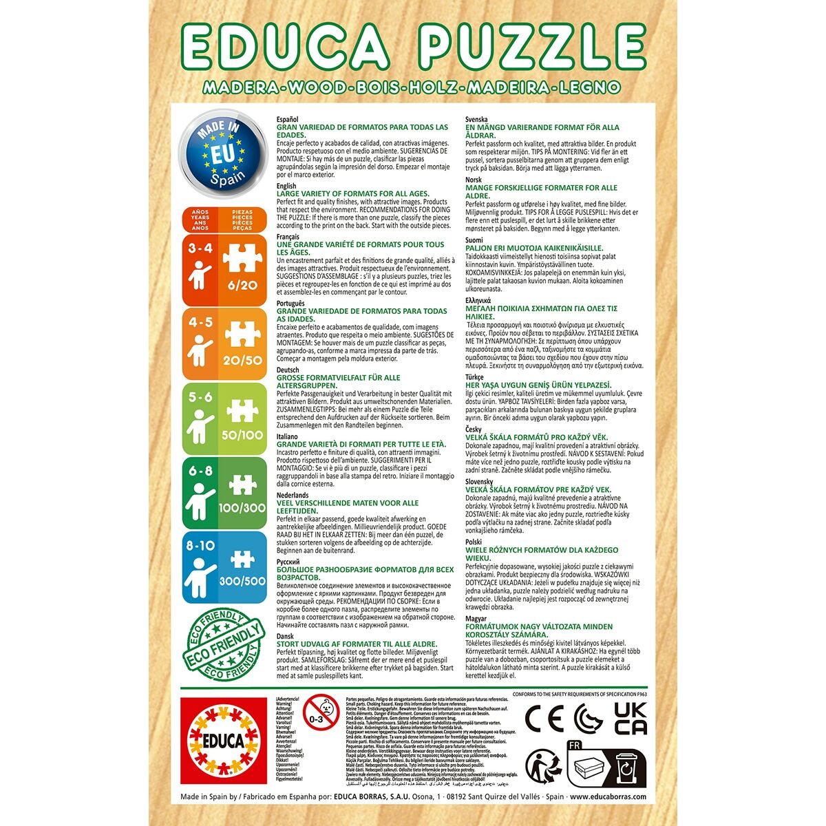 Testo multilingue per una scatola di puzzle, vari formati per diverse età. Sfondo bianco.