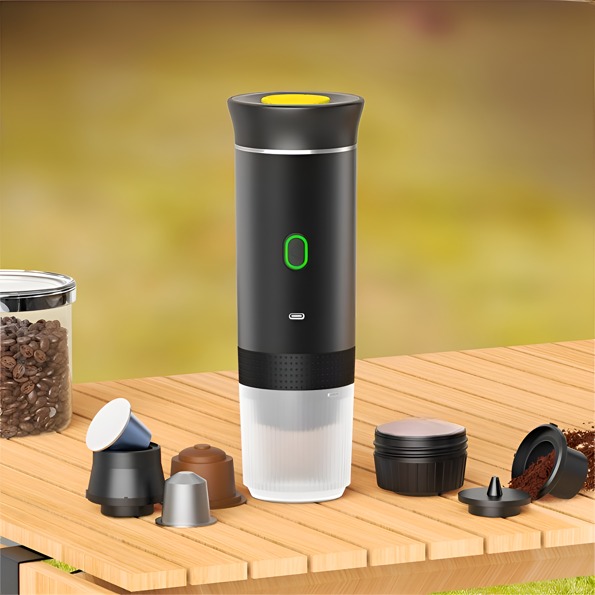 Ein schwarzer und klarer tragbarer Kaffeezubereiter mit Kaffeekapseln und -bohnen auf Holz.