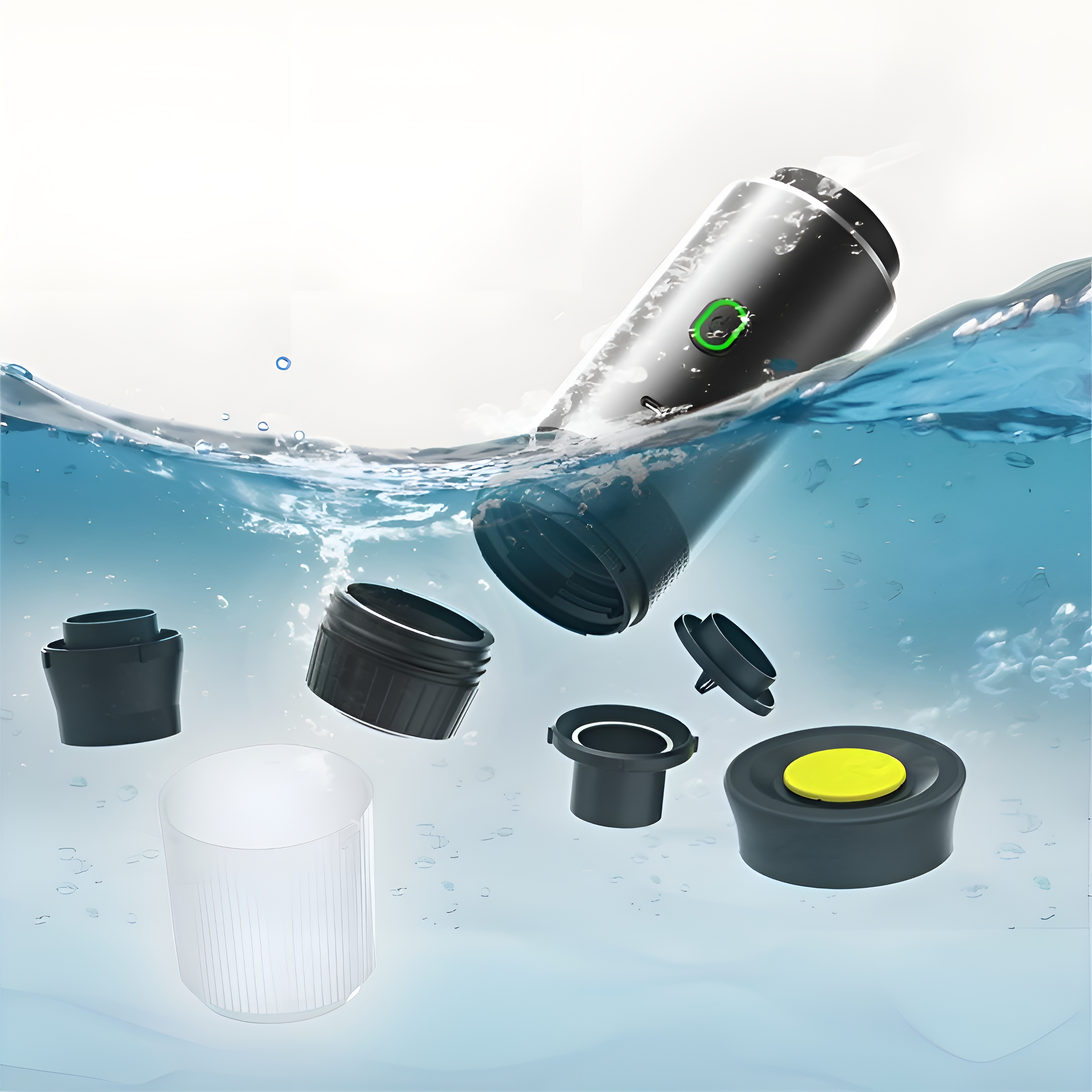 Zerlegtes Gerät im Wasser. Schwarze und klare Teile schwimmen. Grüner Kreis auf dem Gerät.