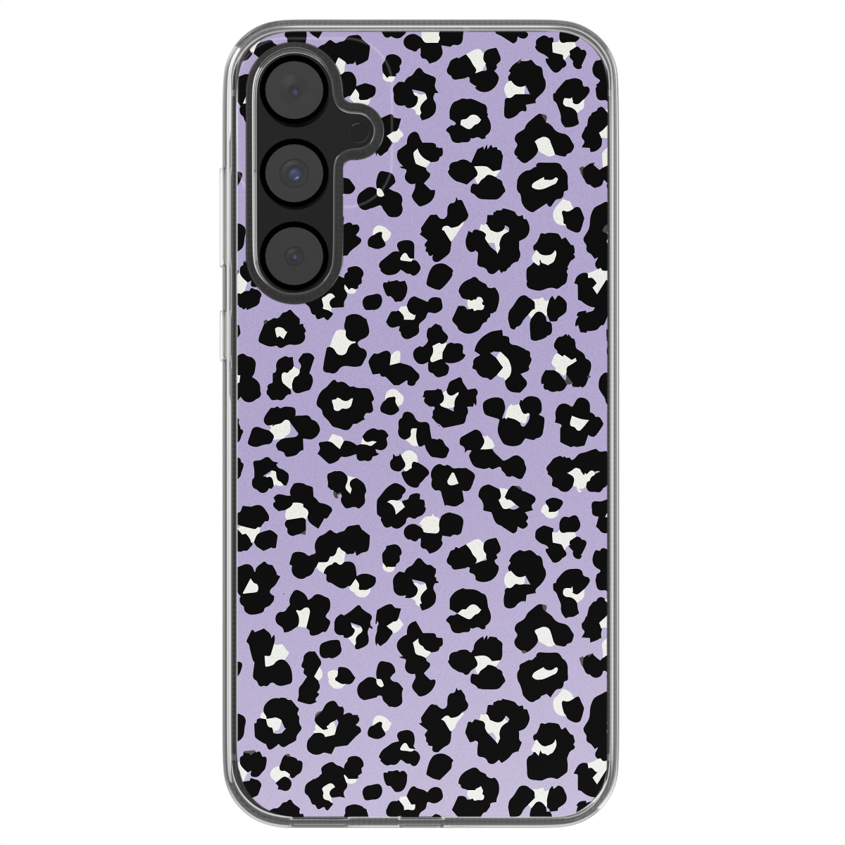 Telefoonhoesje met paarse achtergrond en zwarte luipaardvlekken.