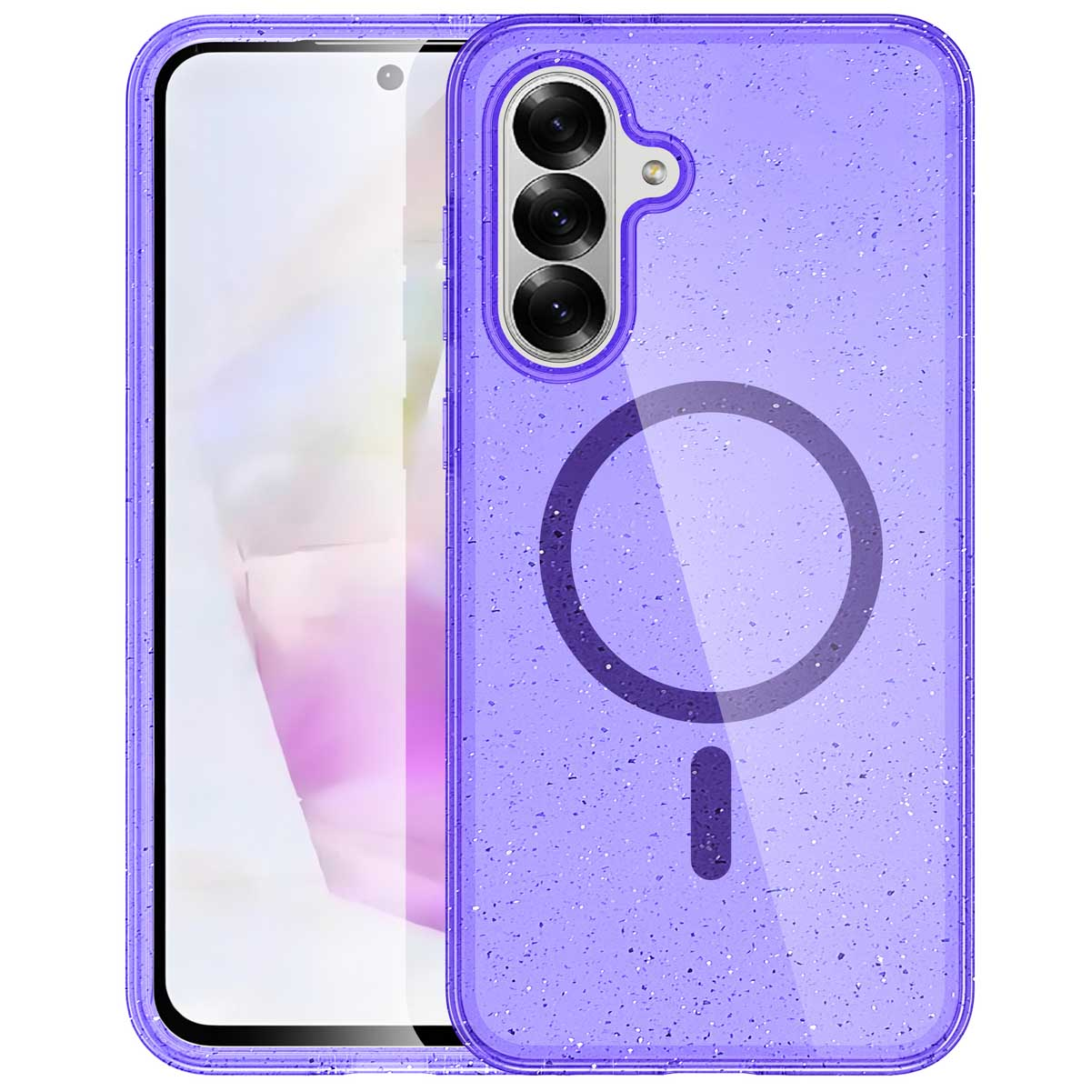 Un étui de téléphone violet avec un dos transparent. Un cercle et une barre sont sur l'étui.