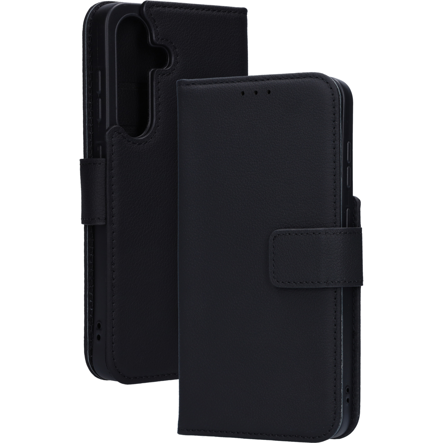 Twee zwarte telefoonhoesjes, één open en één dicht.