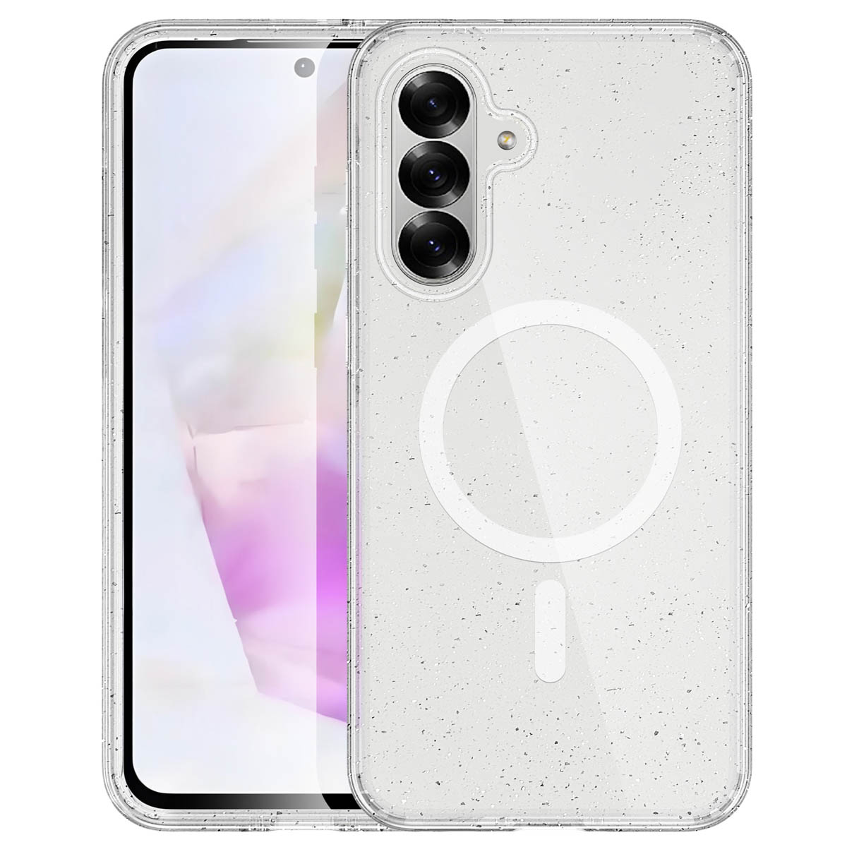 Coque de téléphone transparente avec un motif à paillettes. Le téléphone possède trois caméras et un cercle.