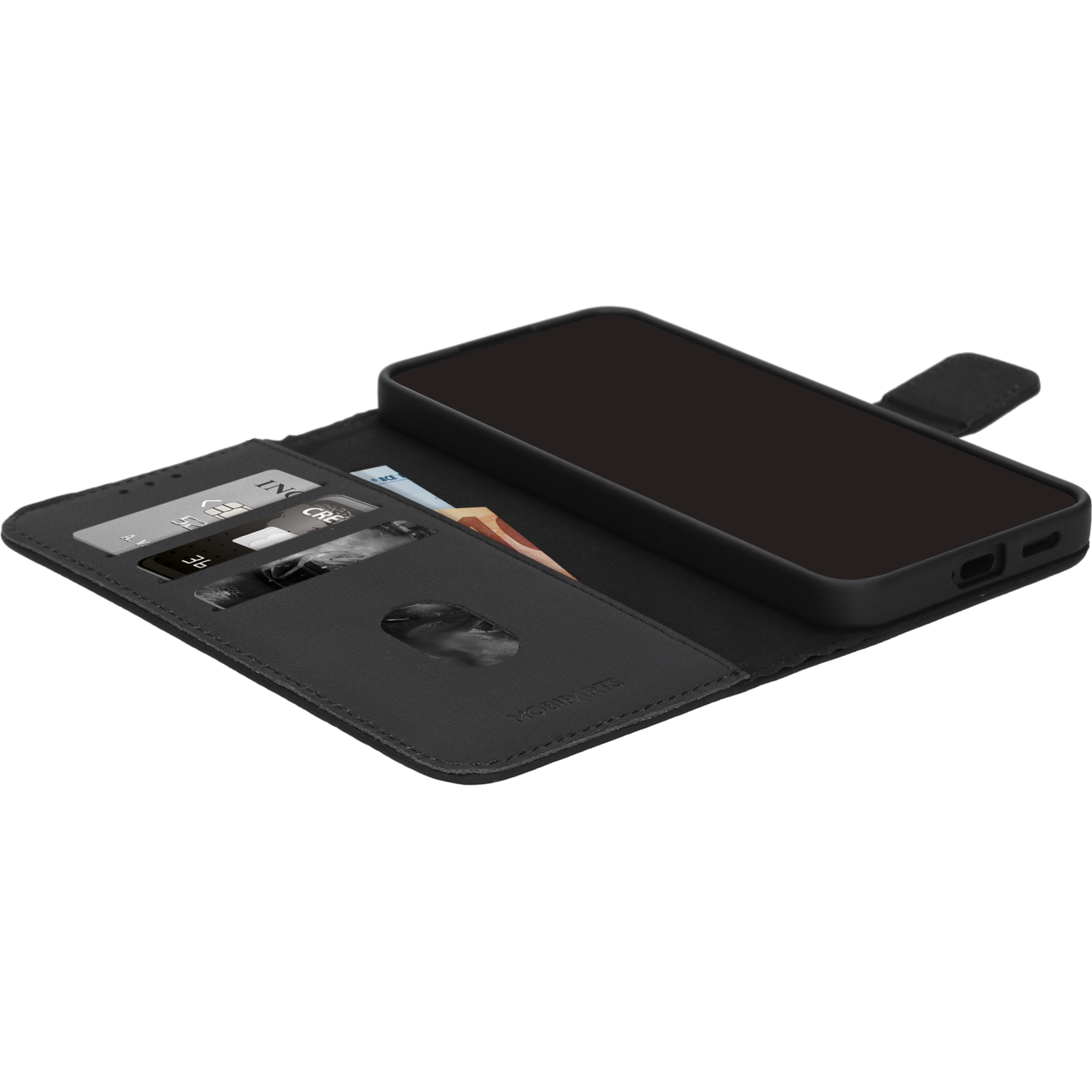 Een zwarte portemonnee-achtige telefoonhoes is open. De telefoon en kaarten zijn zichtbaar, met het merk Mobiparts.