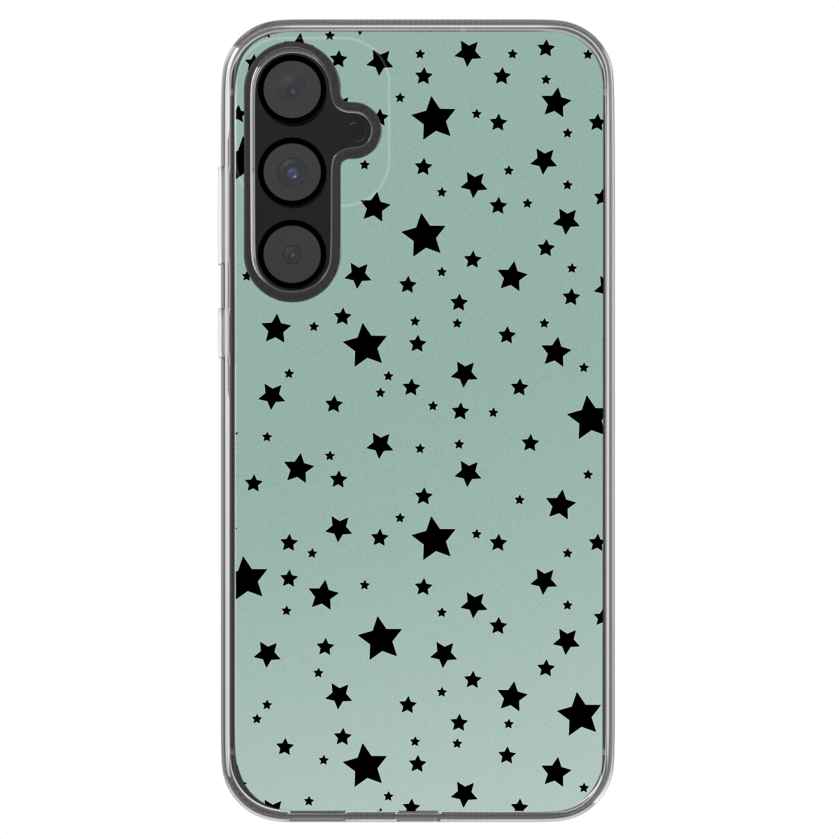 Telefoonhoesje met mintgroene achtergrond en verspreide zwarte sterren.