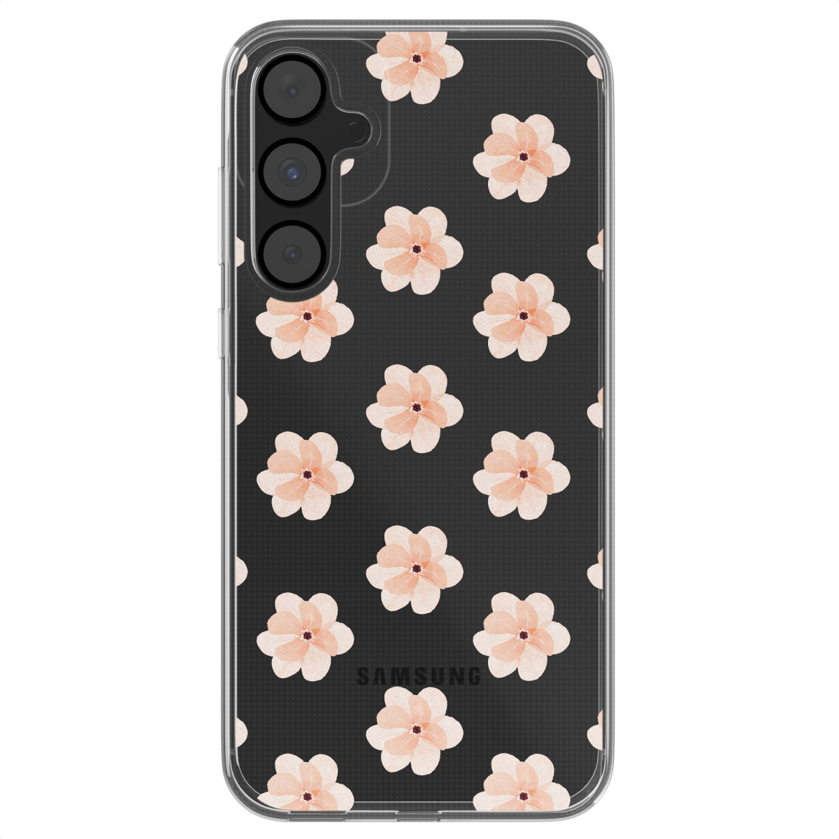 Transparante telefoonhoes met een bloemenpatroon op een zwarte achtergrond.