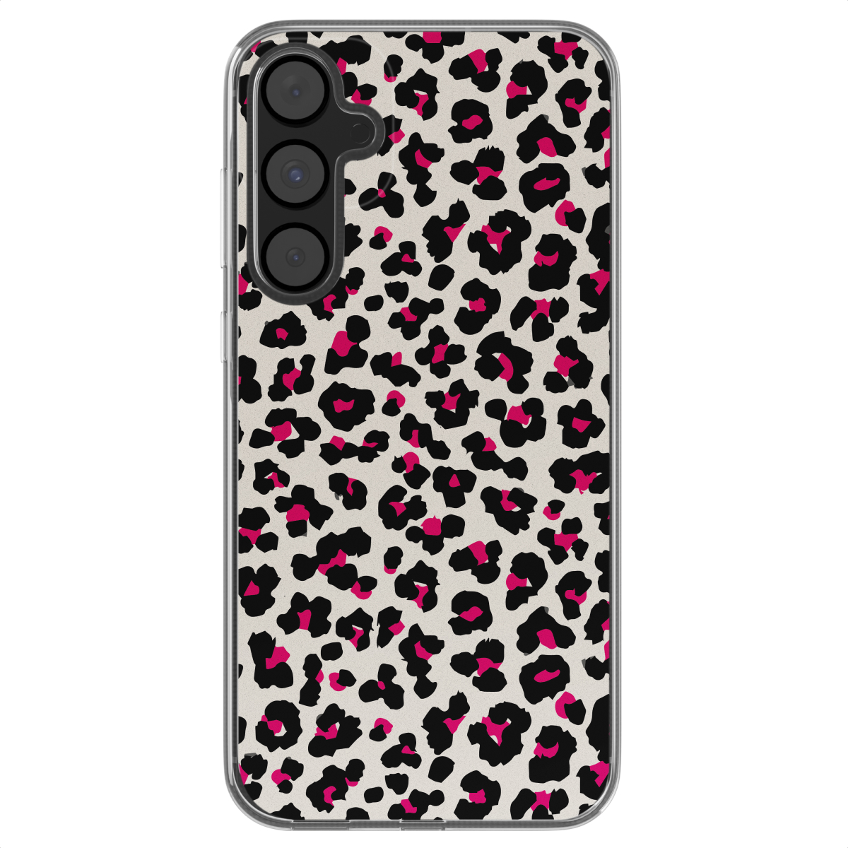Een telefoonhoesje met een luipaardprint, roze en zwarte vlekken, op een lichtgrijze achtergrond.