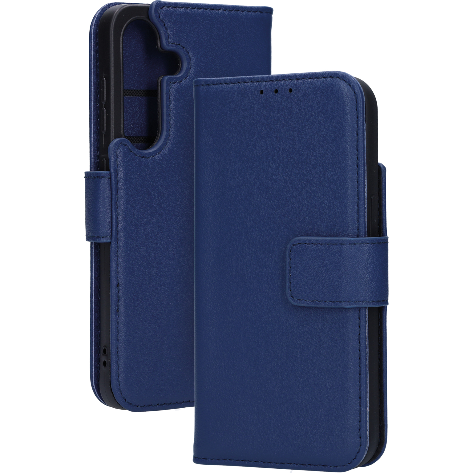 Een blauwe telefoonhoes geopend en gesloten. De telefoon zit erin.