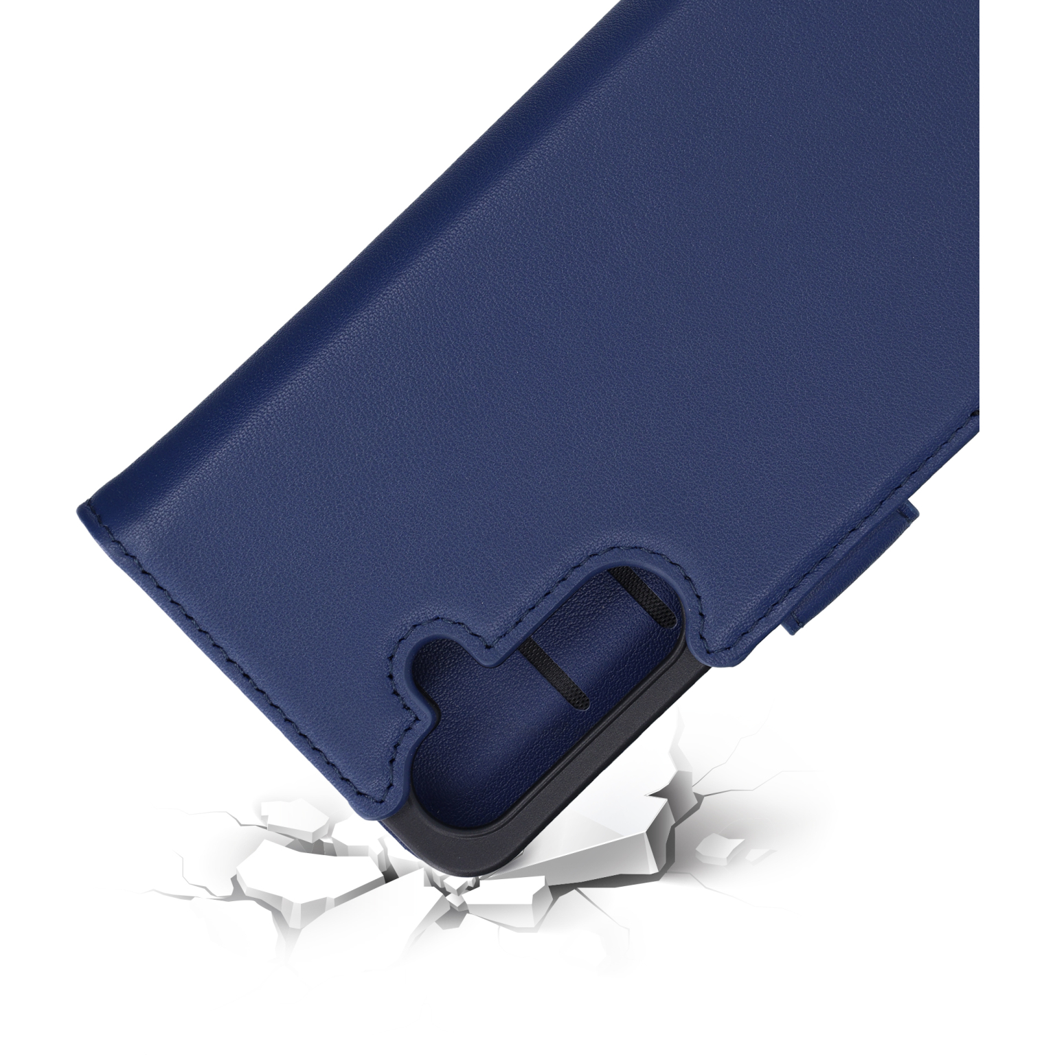 Een blauwe telefoonhoes valt en breekt de grond.