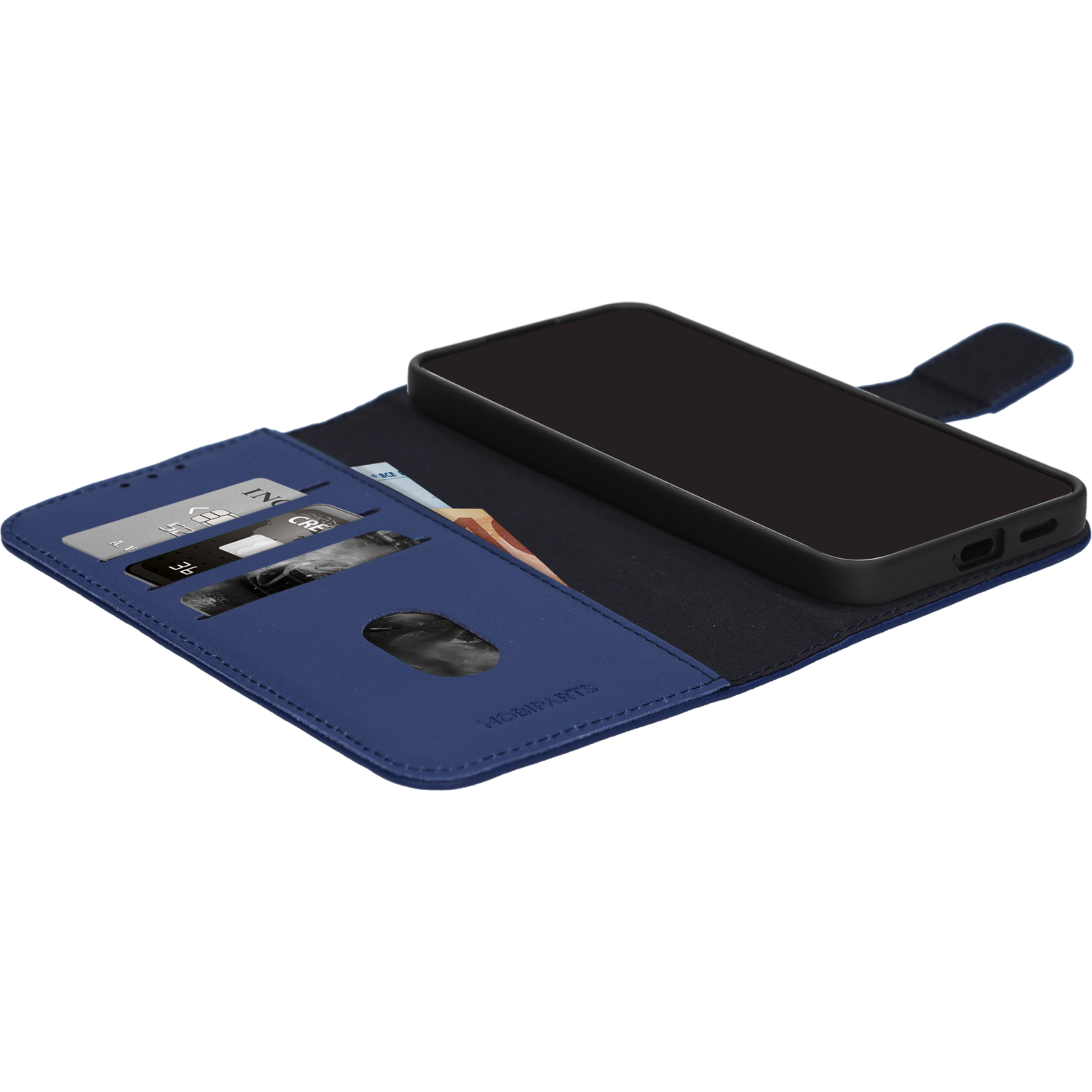 Open blauwe telefoonhoes met een telefoon erin, met kaartsleuven.