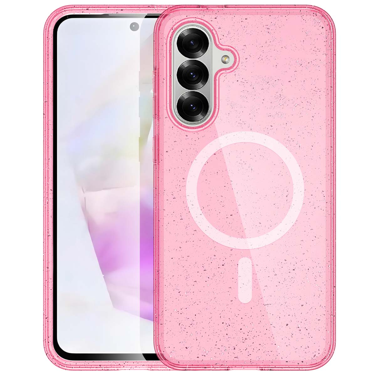 Coque de téléphone rose avec un motif à paillettes. Le téléphone possède trois caméras et un cercle.