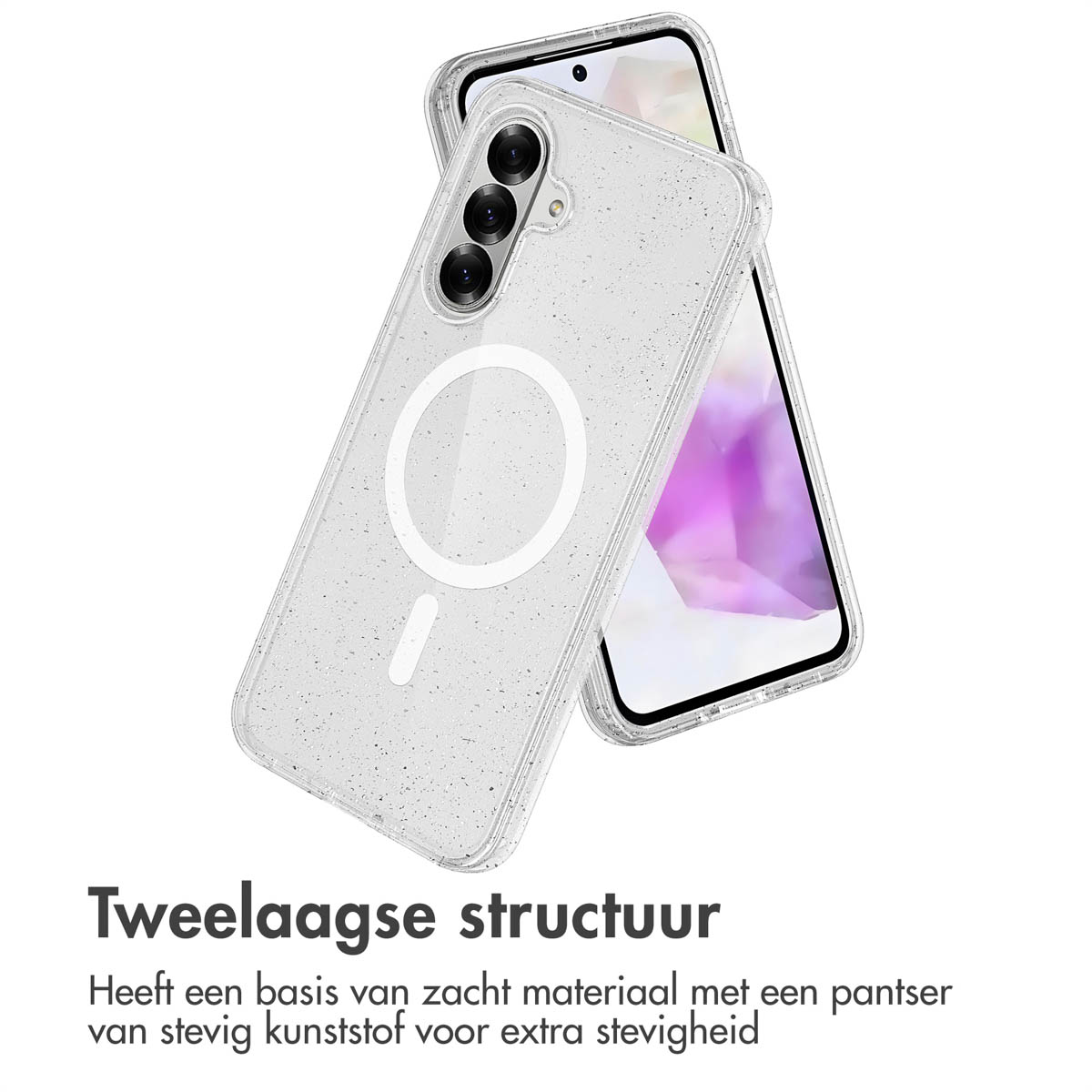Coque transparente avec téléphone. Glitter et anneau magnétique. Texte: 'Structure à deux couches'.