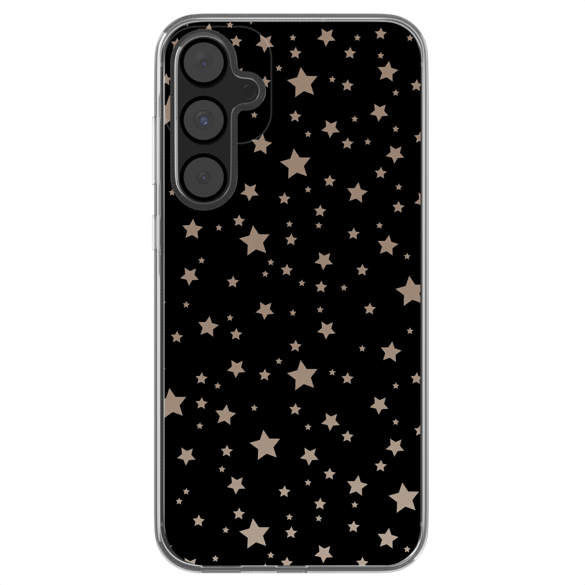 Zwarte telefoonhoes met sterrenpatroon. De telefoon heeft drie camera's.