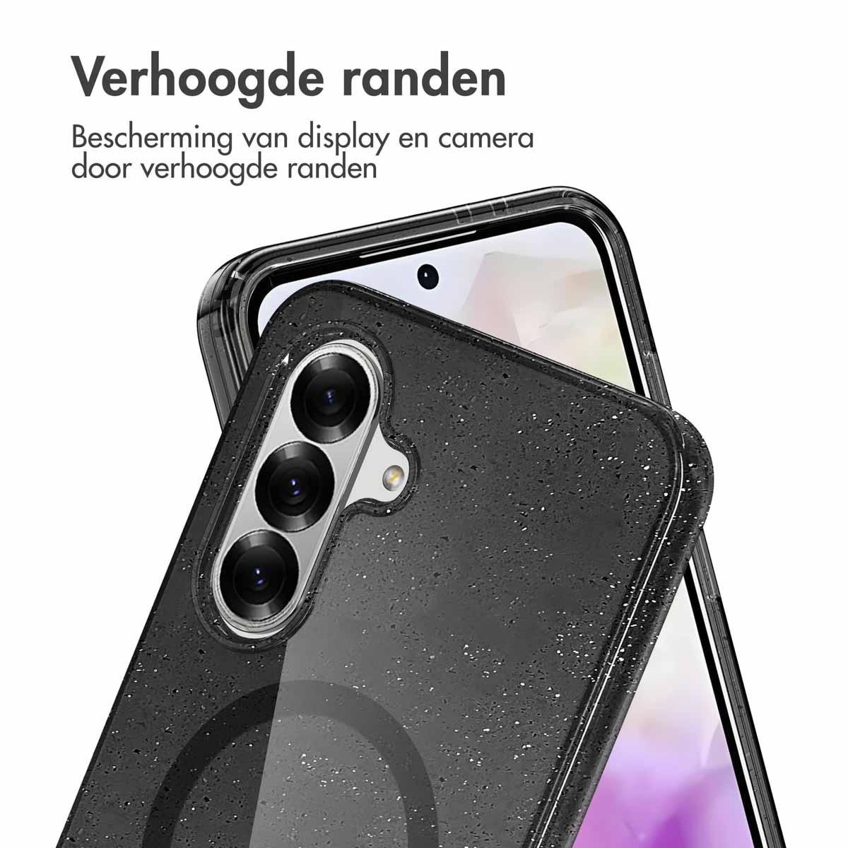 Coque noire avec téléphone. Glitter et anneau magnétique. Texte: 'Bords surélevés'.