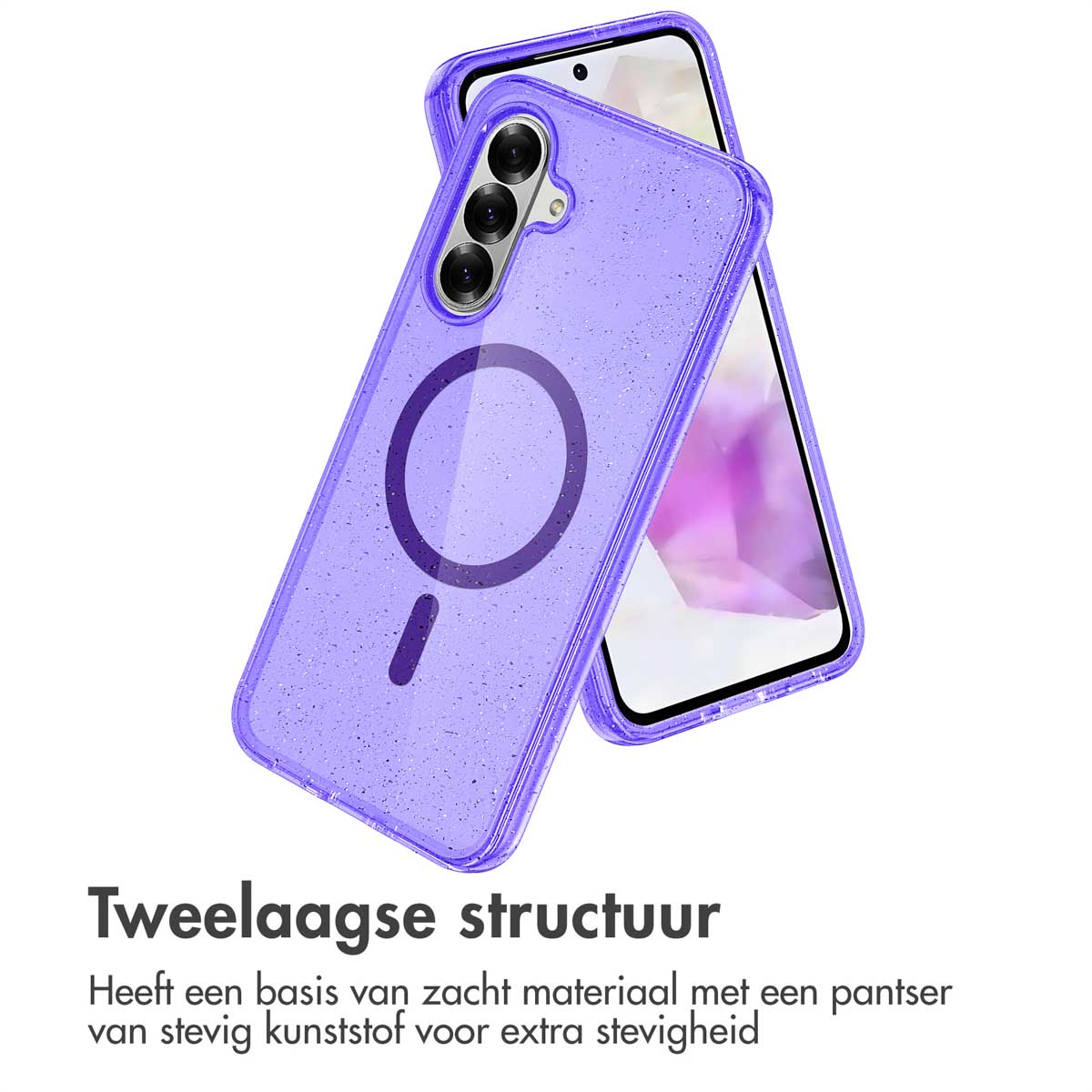 Coque de téléphone violette avec un motif à paillettes. Le téléphone possède trois caméras et un cercle.