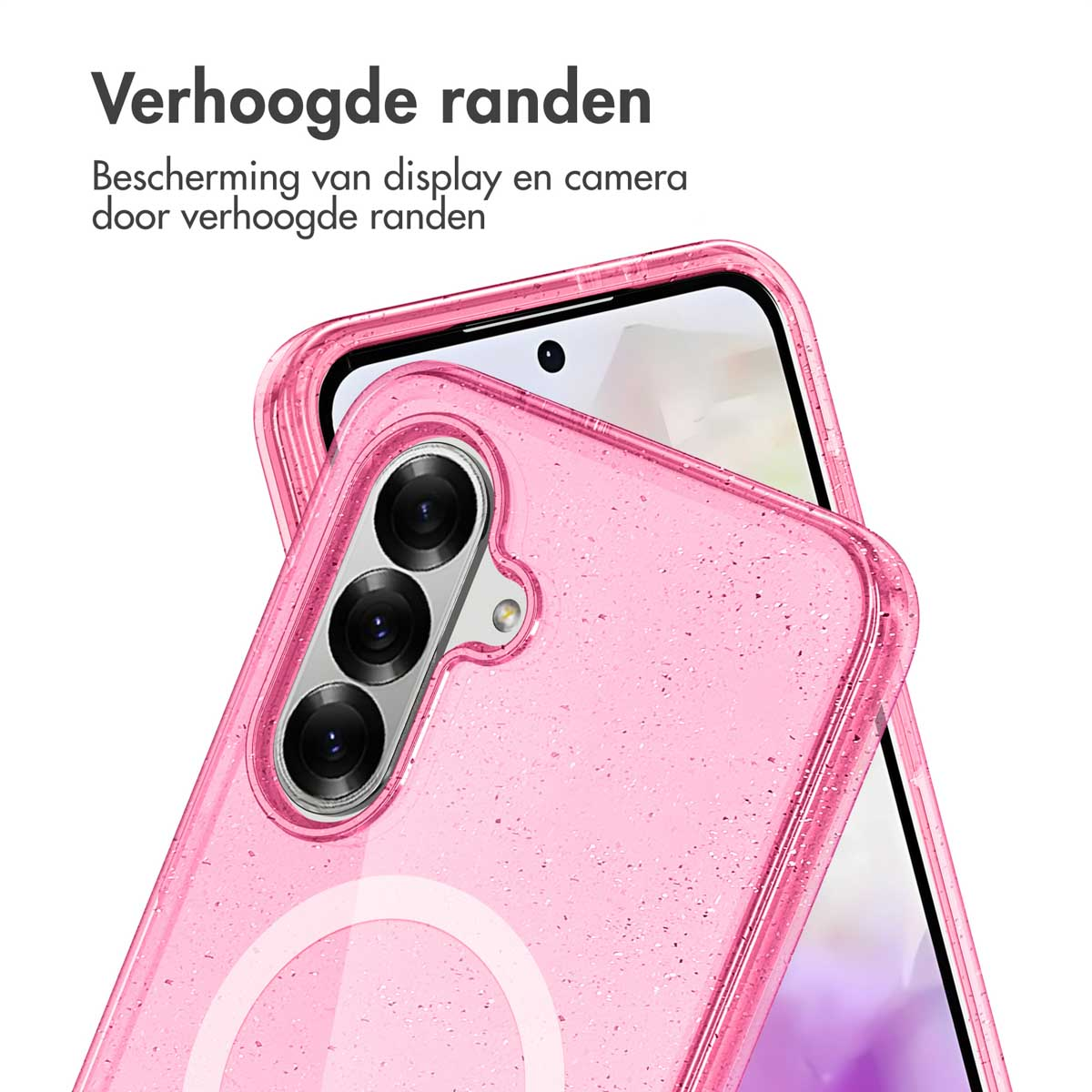 Een roze telefoonhoesje op een telefoon. De hoes heeft een glittereffect.