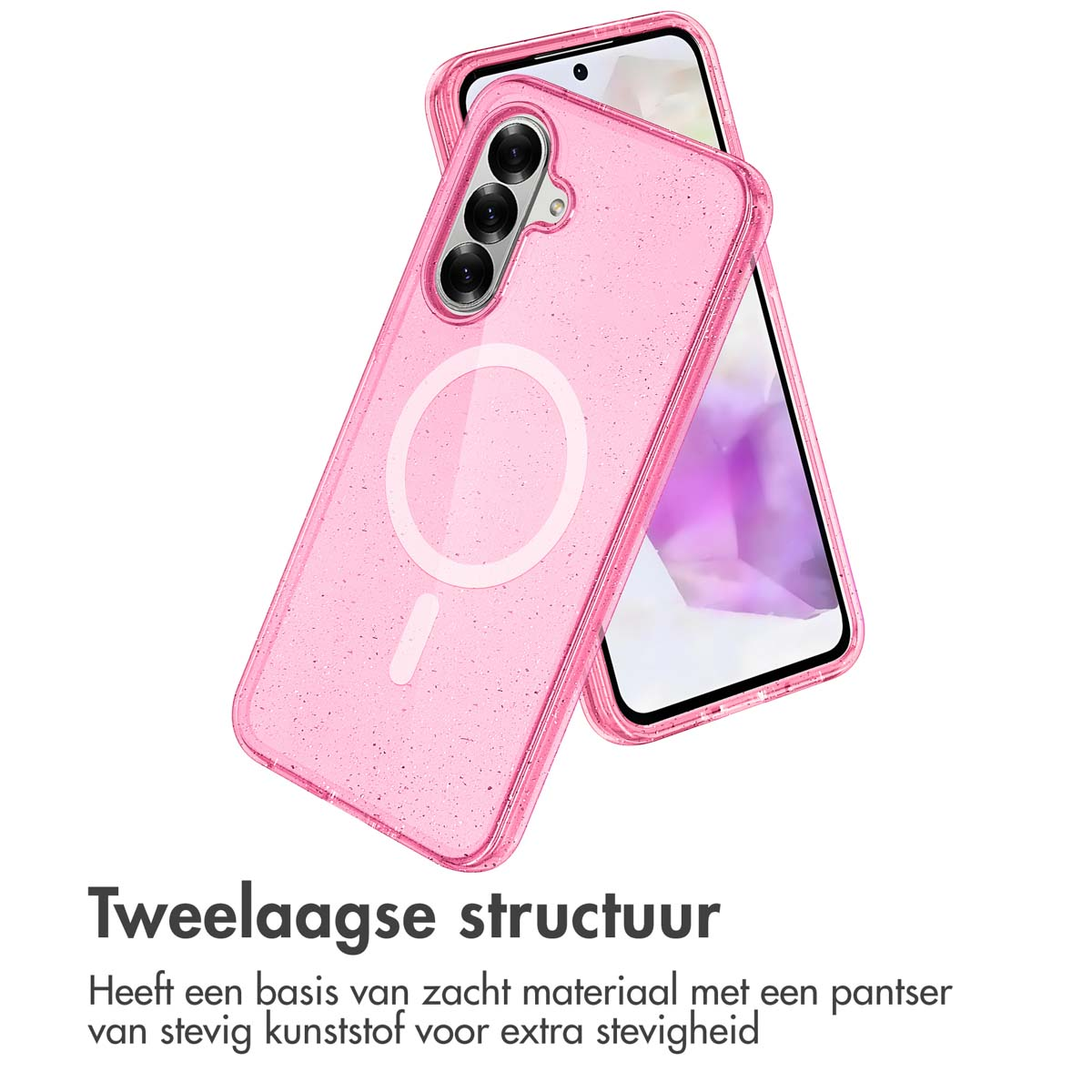 Roze glitter telefoonhoes met zwarte telefoon. Nederlandse tekst over de structuur.