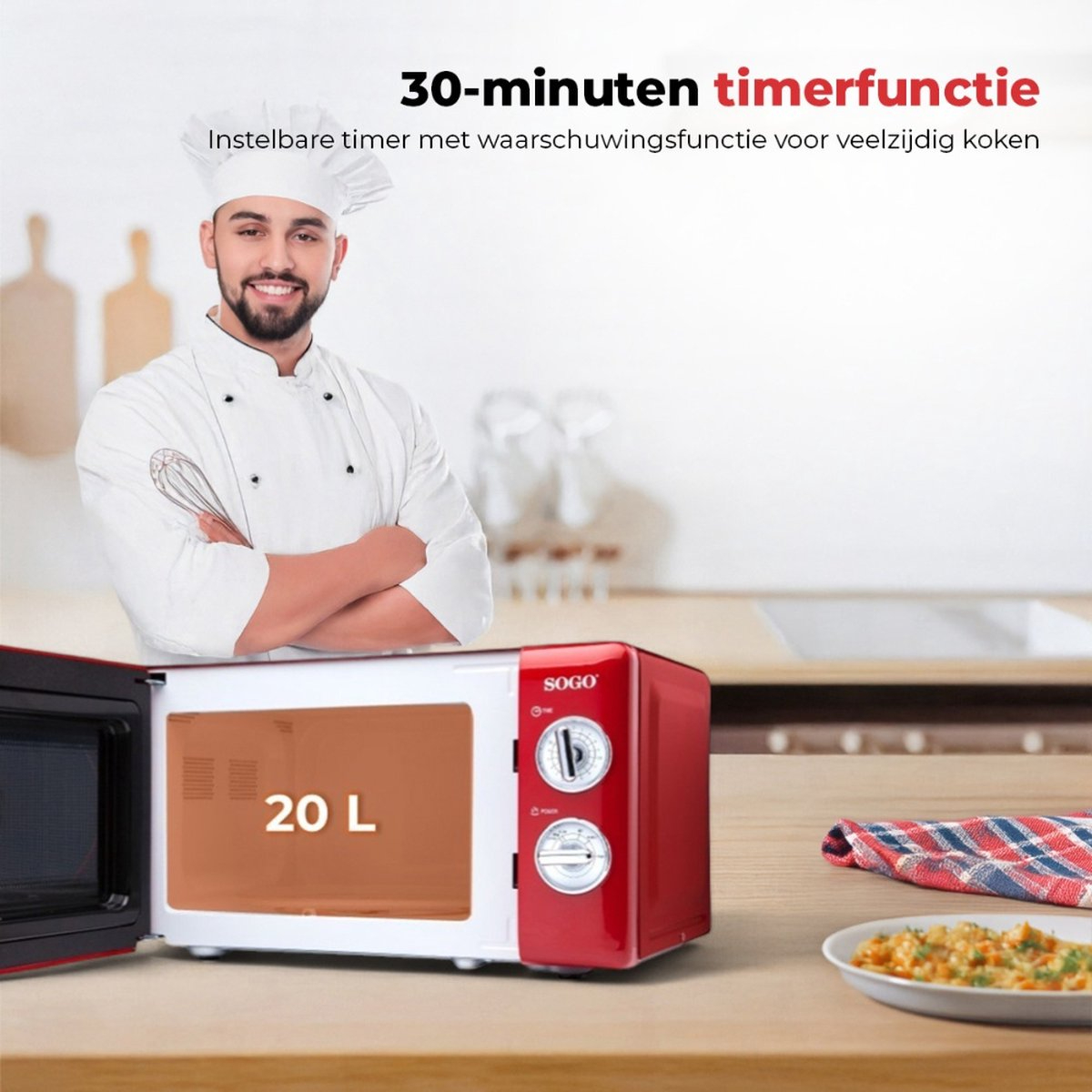 Un chef con un microondas rojo, mostrando la función de temporizador. Hay comida en el fondo.