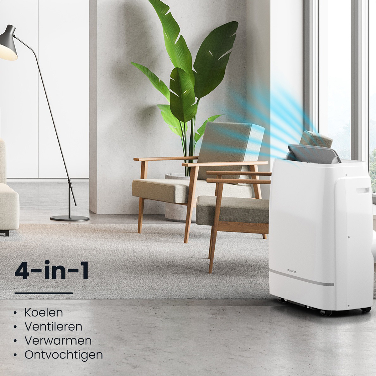 Un climatiseur blanc dans un salon avec des chaises et des plantes.