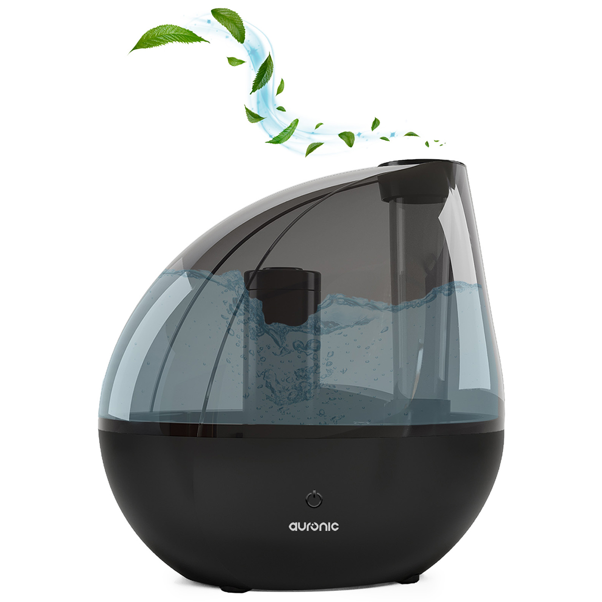 Ein schwarzer und transparenter Luftbefeuchter mit Wasser und grünen Blättern.