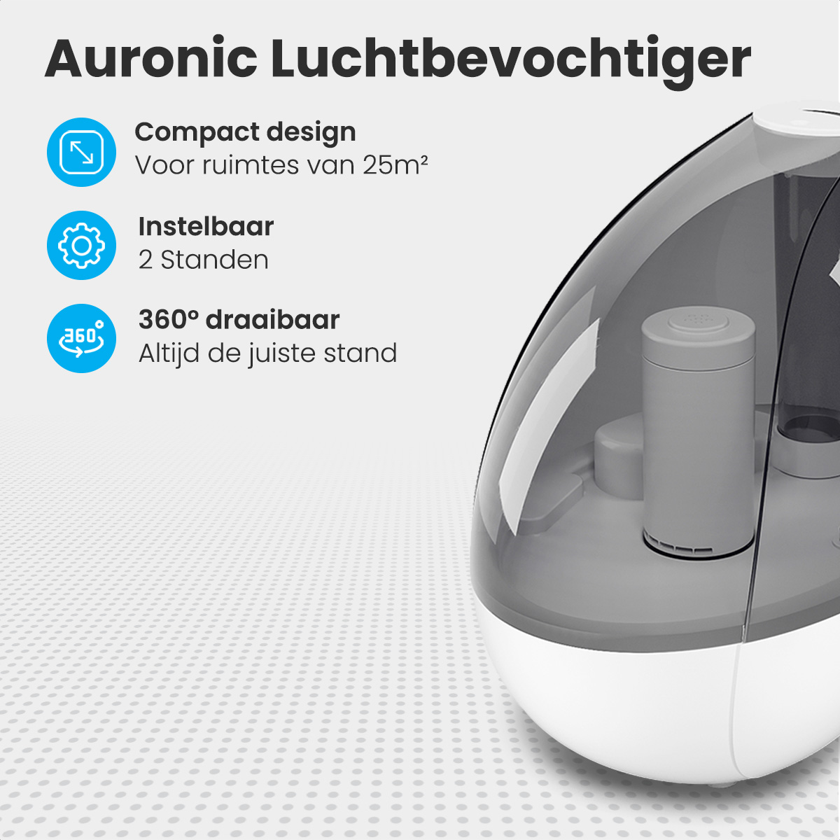 Luftbefeuchter mit Text: Kompaktes Design, 25 m², einstellbar, 2 Einstellungen, 360° drehbar.
