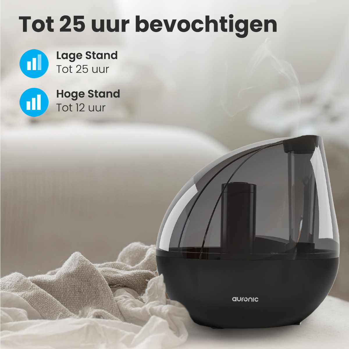Schwarzer Luftbefeuchter mit Text, der die Feuchtigkeitsdauer anzeigt, vor weißem Hintergrund.