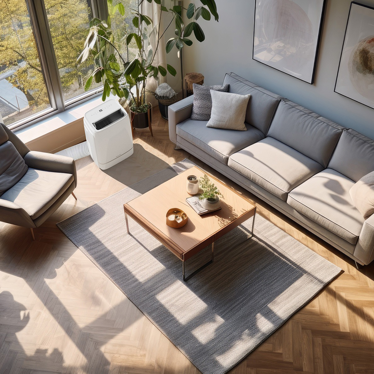 Vue plongeante d'un salon moderne avec grande fenêtre, canapé et table basse.
