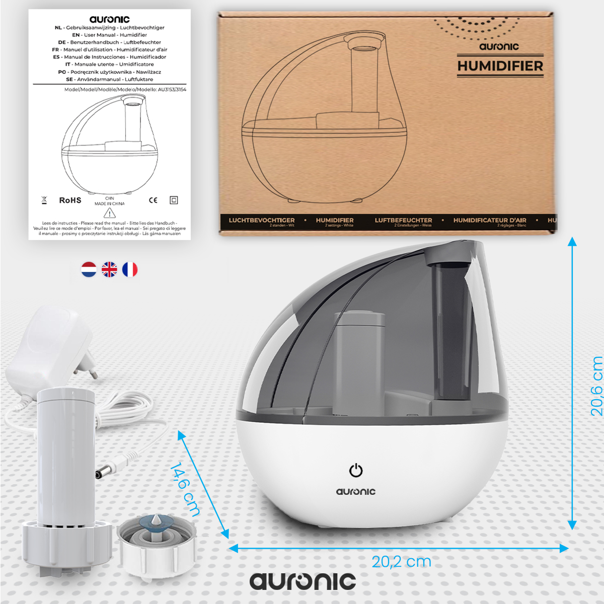 A white humidifier with a box and a power adapter. Dimensions are shown.